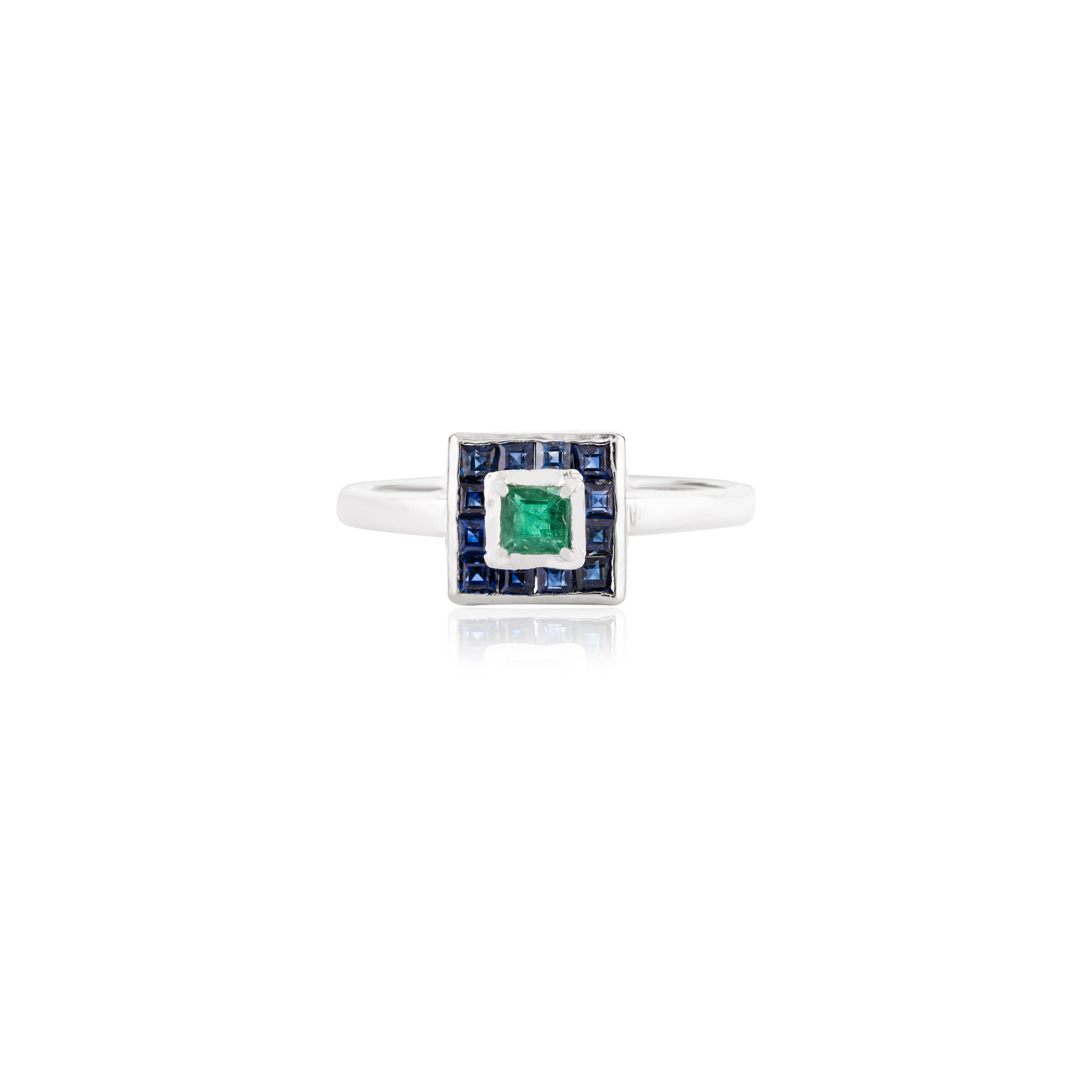 Im Angebot: Art Deco Everyday Blauer Saphir und Smaragd Quadratischer Ring aus 14k Weißgold () 7