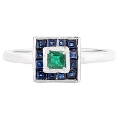 Art Deco Everyday Blue Sapphire and Emerald Square Ring in 14k White Gold