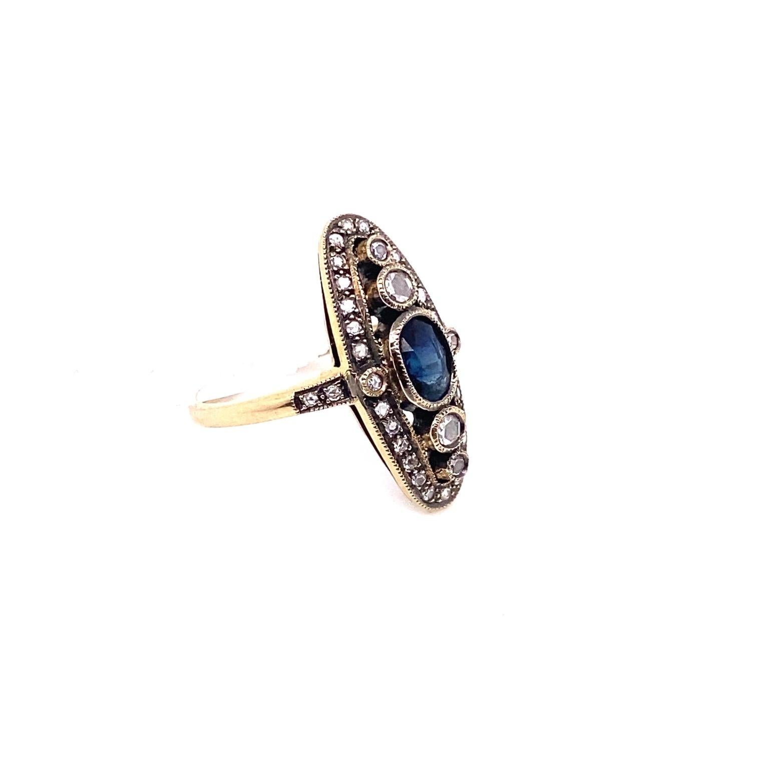 Oval Cut Art Deco Blue Sapphire Ring with Diamonds For Sale