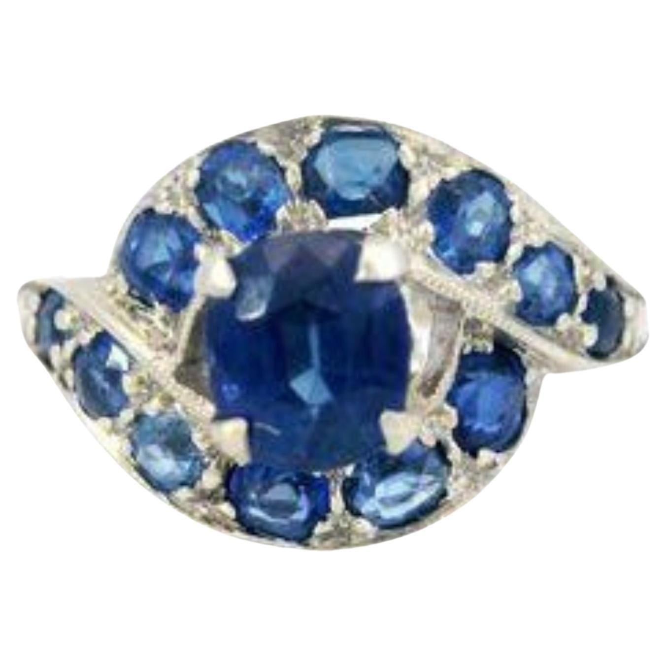 Anillo Halo Art Decó Sin Calor Zafiro Bypass Oro Blanco 14K