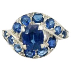 Anillo Halo Art Decó Sin Calor Zafiro Bypass Oro Blanco 14K