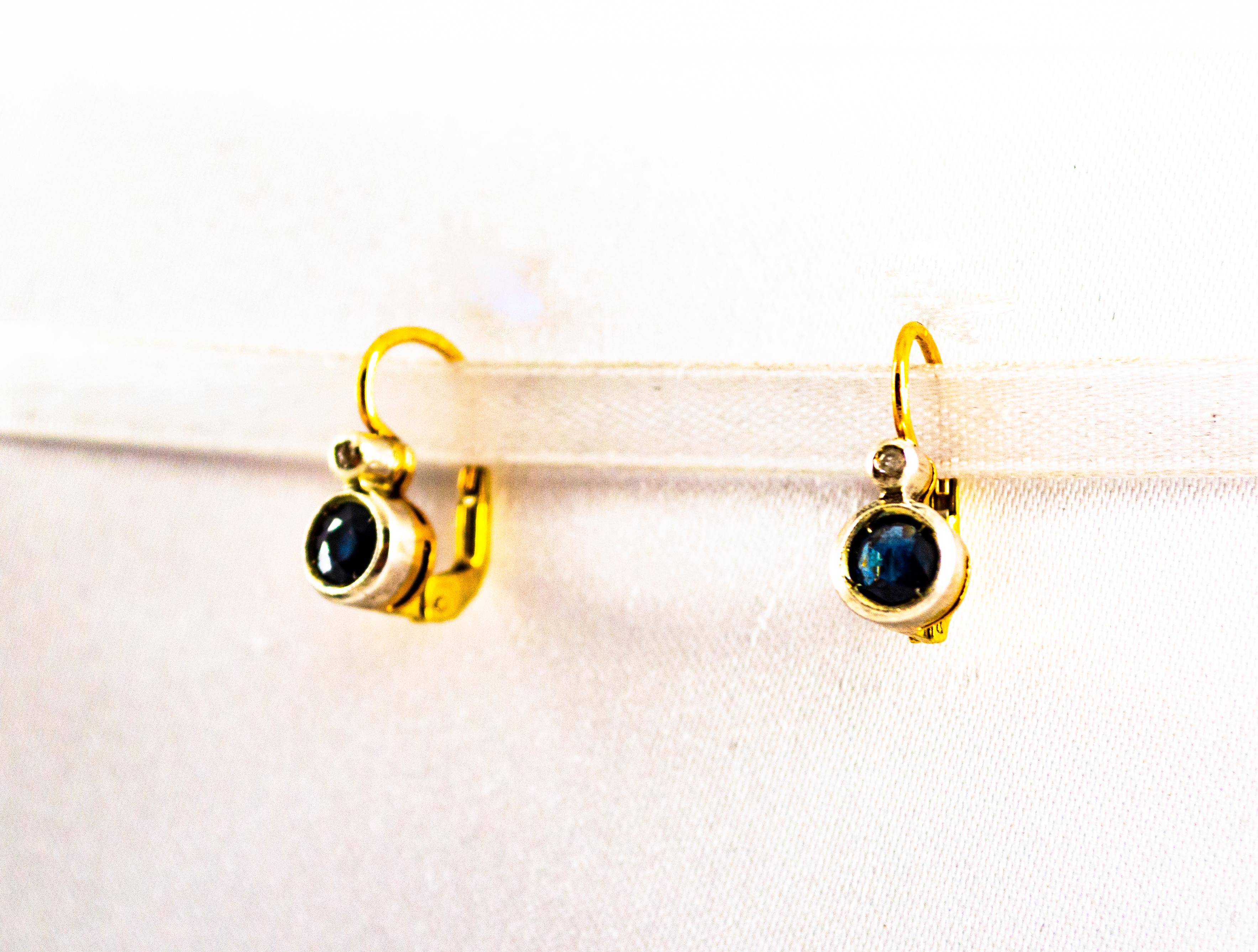Taille rose Pendants d'oreilles Art déco en or jaune avec saphir bleu et diamant blanc en vente