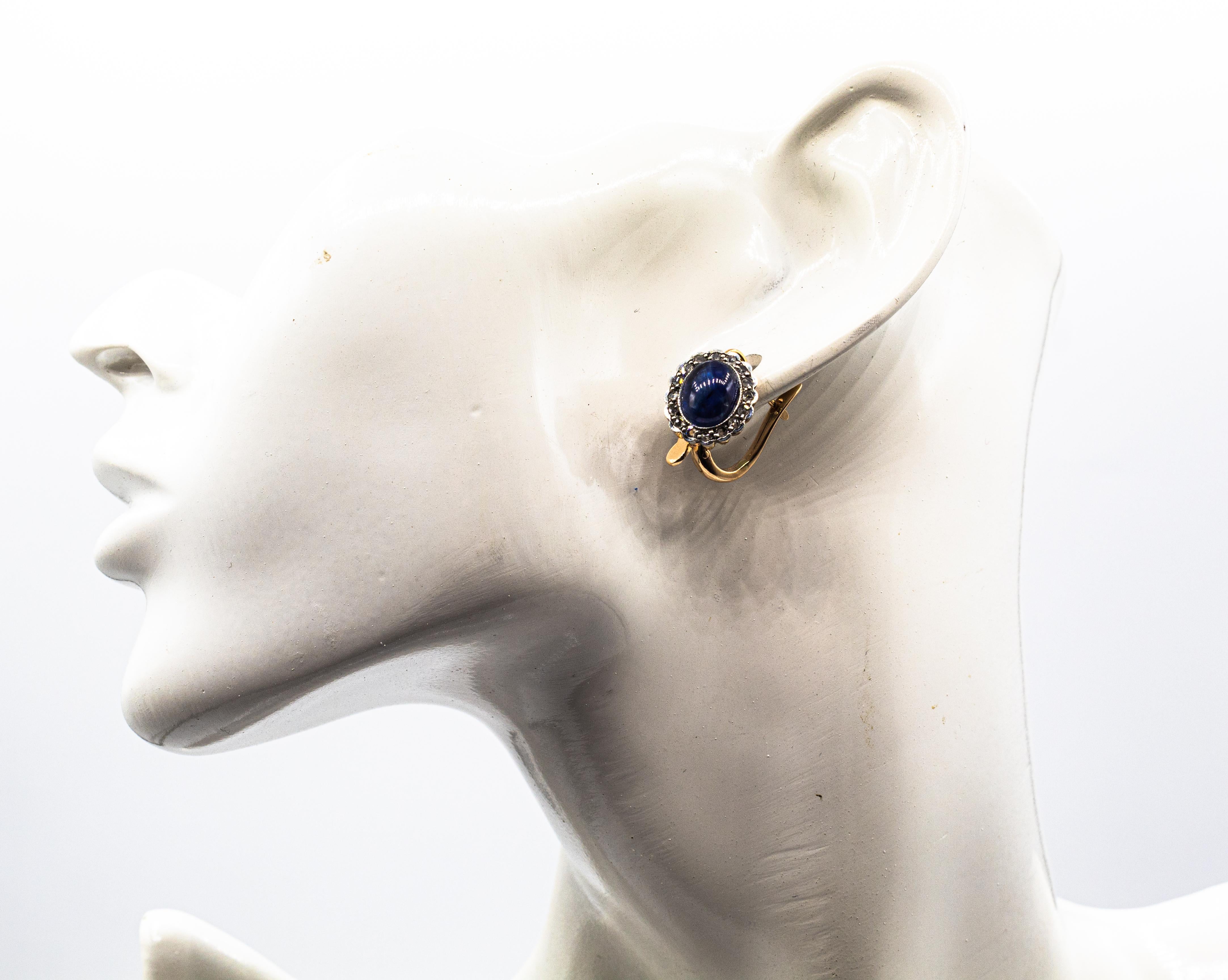 Art Deco Blauer Saphir Weißer Rosenschliff Diamant Gelbgold Ohrringe mit Hebel im Angebot 5