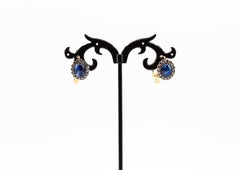 Art Deco Blue Sapphire White Rose Cut Diamond Yellow Gold Lever-Back Earrings
