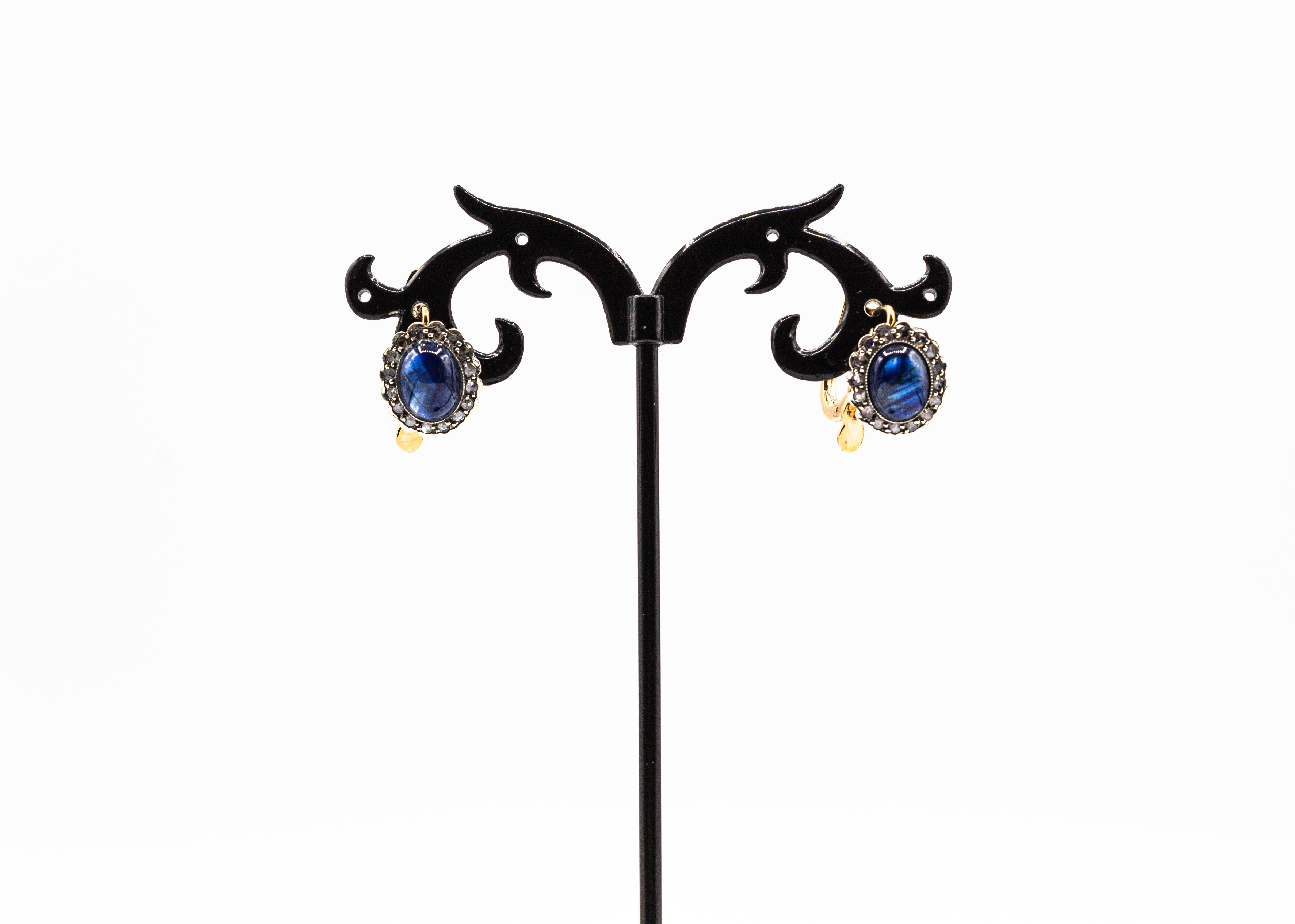 Art Deco Blauer Saphir Weißer Rosenschliff Diamant Gelbgold Ohrringe mit Hebel (Art déco) im Angebot
