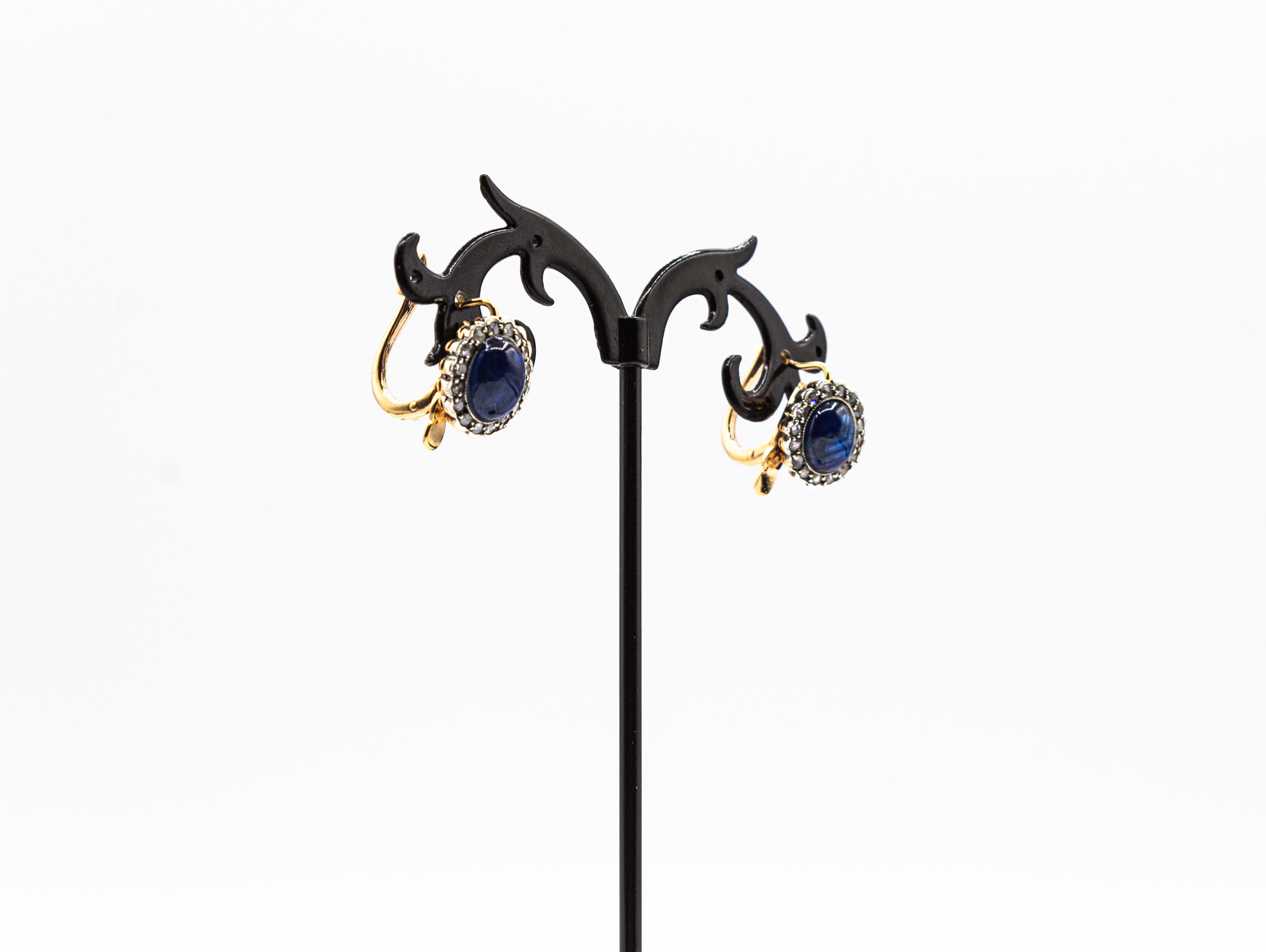 Women's or Men's Art Deco Blue Sapphire White Rose Cut Diamond Yellow Gold Lever-Back Earrings For Sale