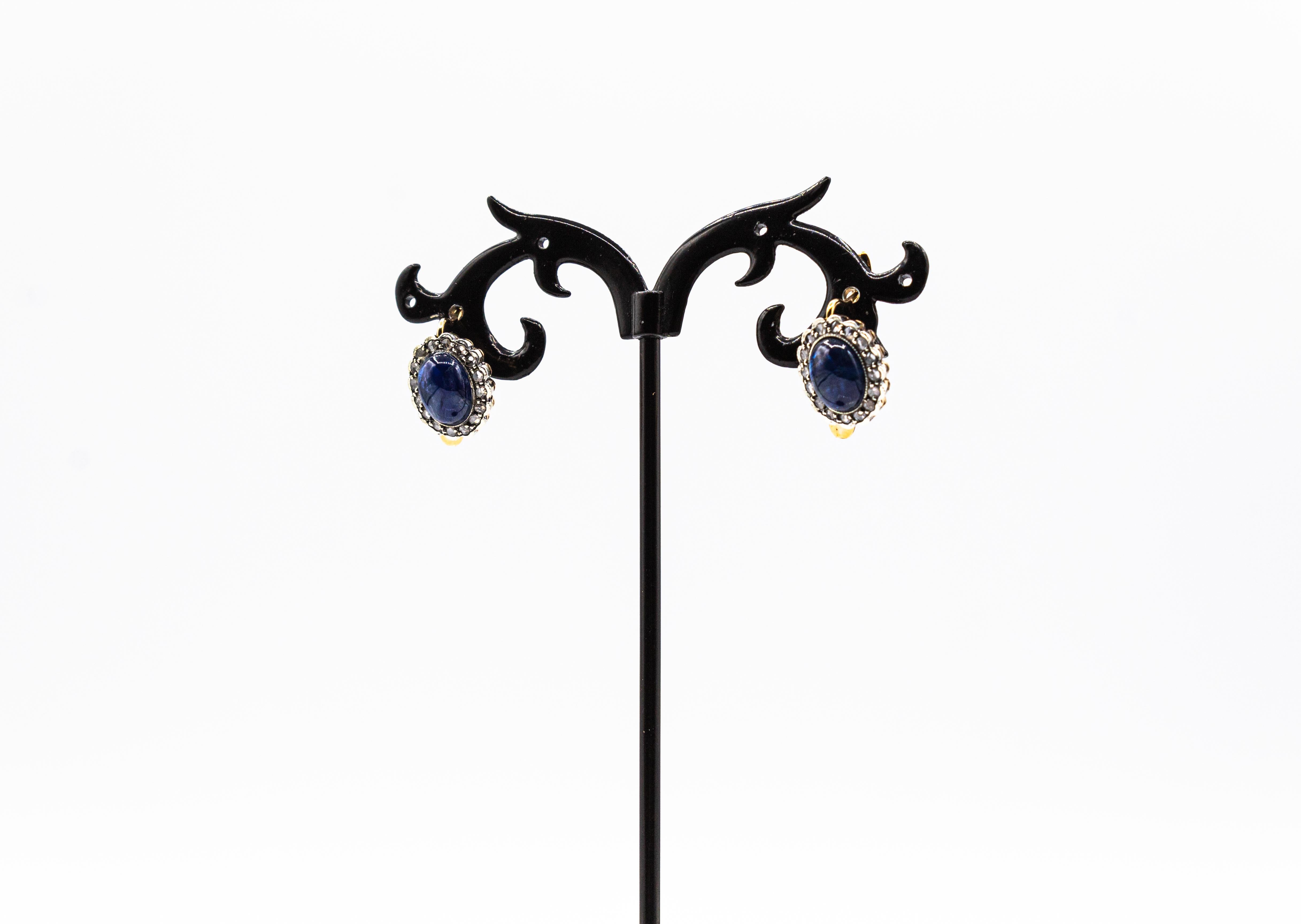 Art Deco Blauer Saphir Weißer Rosenschliff Diamant Gelbgold Ohrringe mit Hebel im Angebot 1