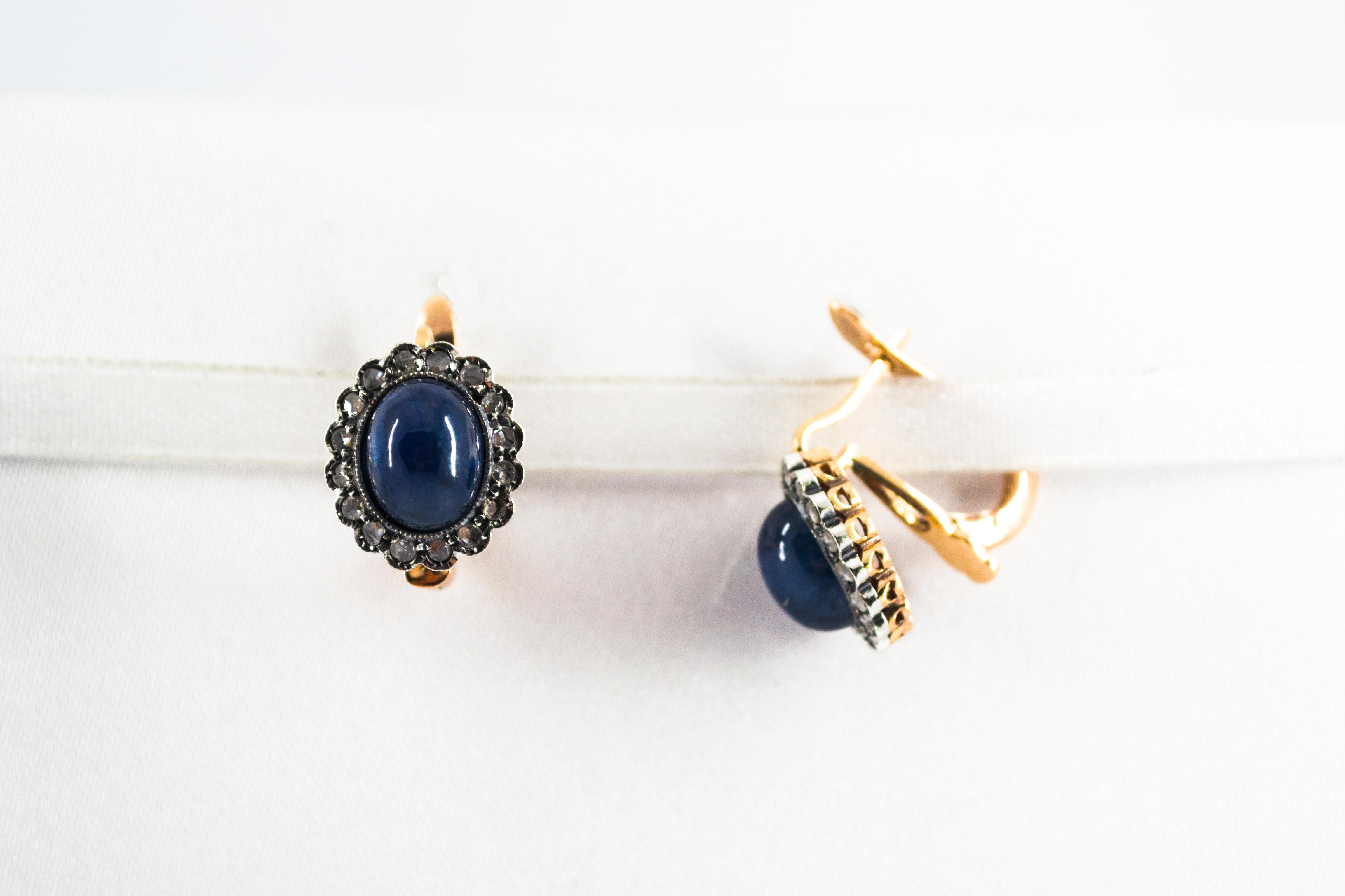 Art Deco Blue Sapphire White Rose Cut Diamond Yellow Gold Lever-Back Earrings 3