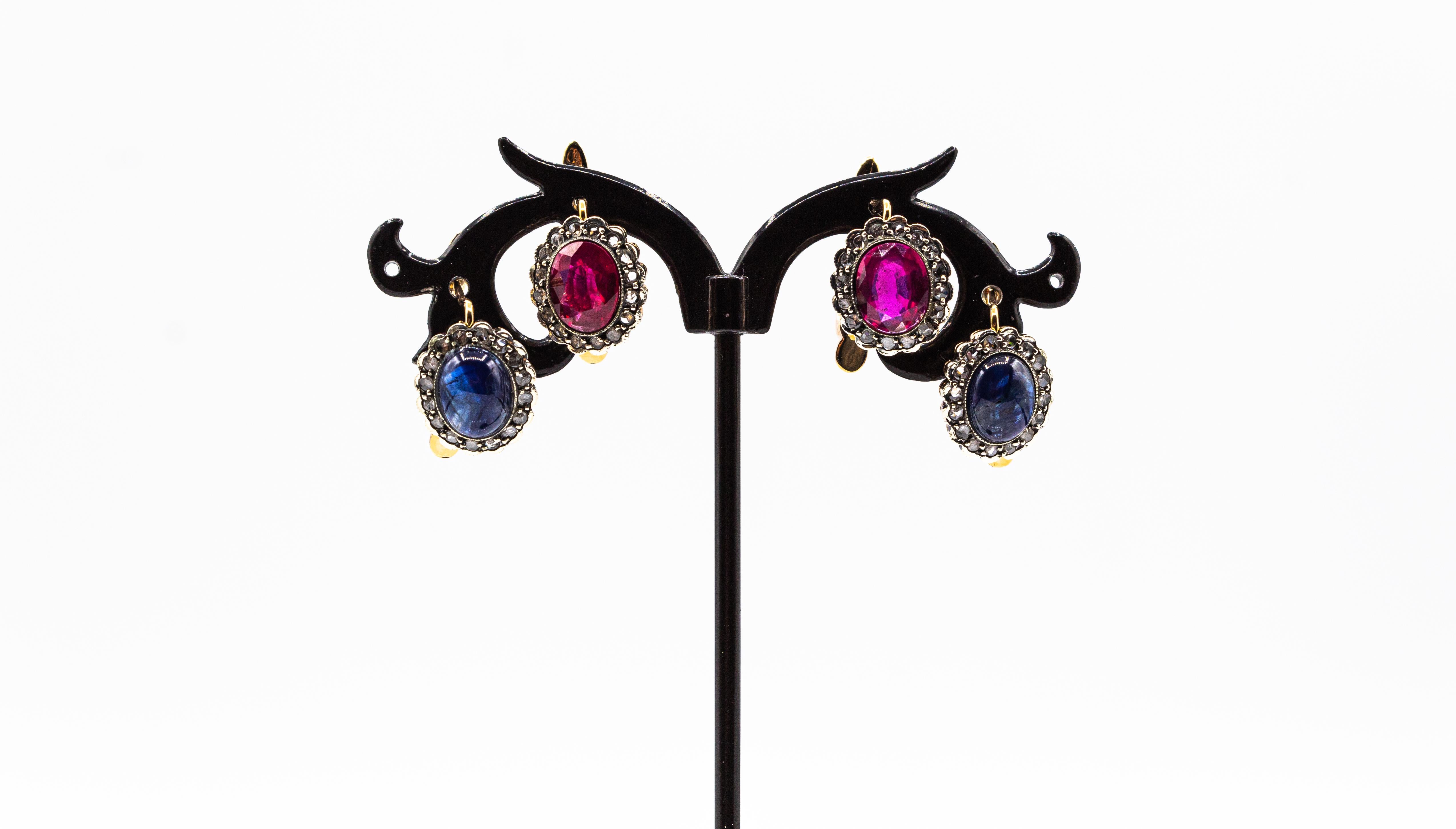 Art Deco Blue Sapphire White Rose Cut Diamond Yellow Gold Lever-Back Earrings 3