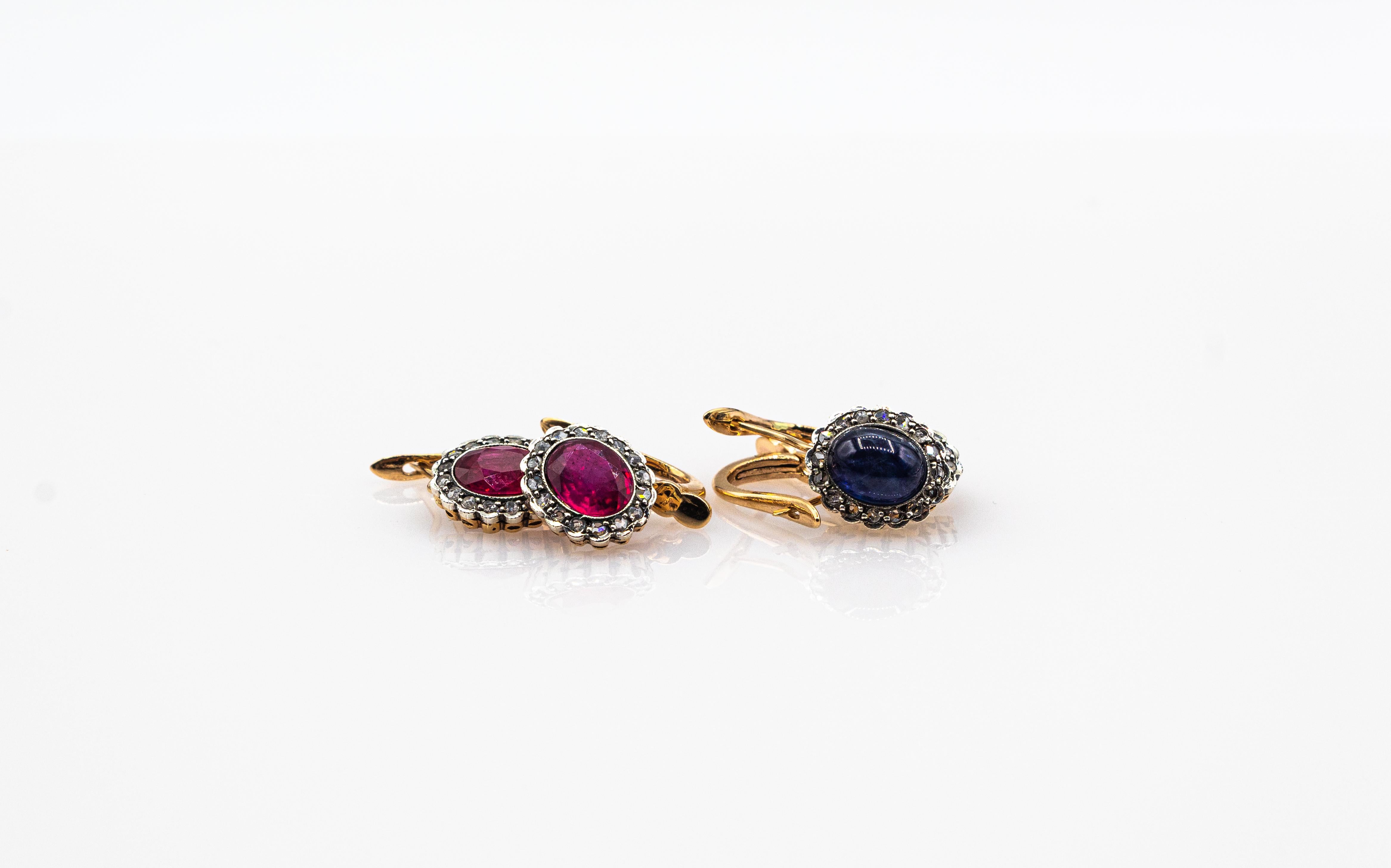 Boucles d'oreilles à levier Art déco en or jaune avec saphir bleu et diamants blancs taille rose en vente 3