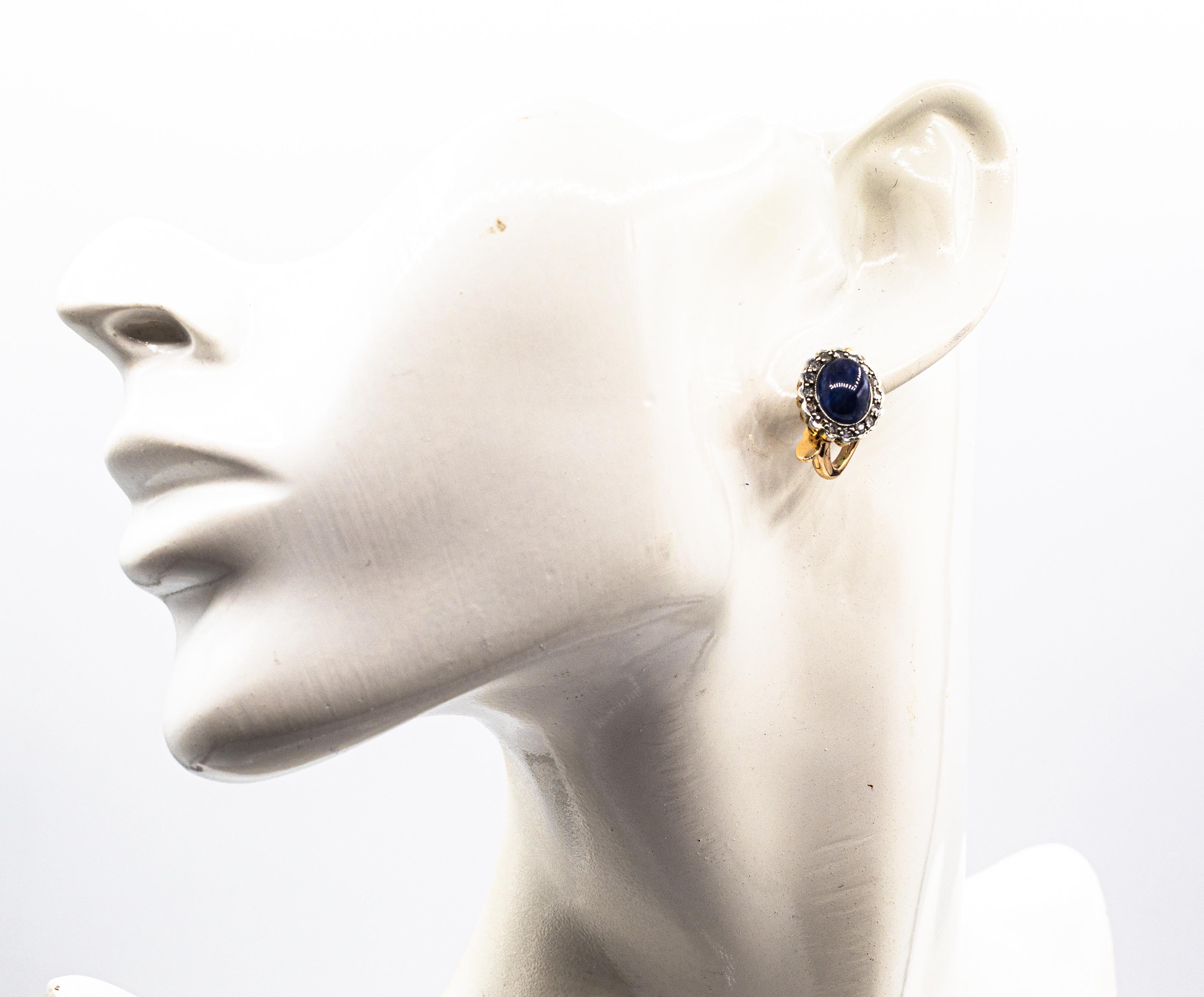 Art Deco Blauer Saphir Weißer Rosenschliff Diamant Gelbgold Ohrringe mit Hebel im Angebot 4