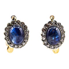 Art Deco Blue Sapphire White Rose Cut Diamond Yellow Gold Lever-Back Earrings