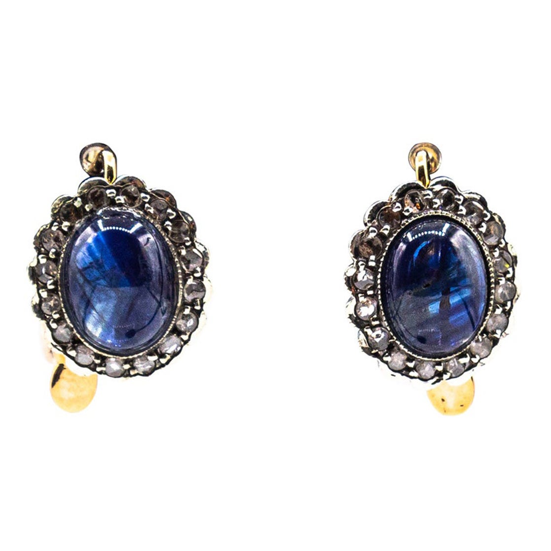 Art Deco Blauer Saphir Weißer Rosenschliff Diamant Gelbgold Ohrringe mit Hebel im Angebot