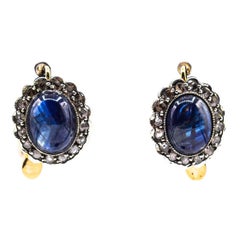 Art Deco Blue Sapphire White Rose Cut Diamond Yellow Gold Lever-Back Earrings