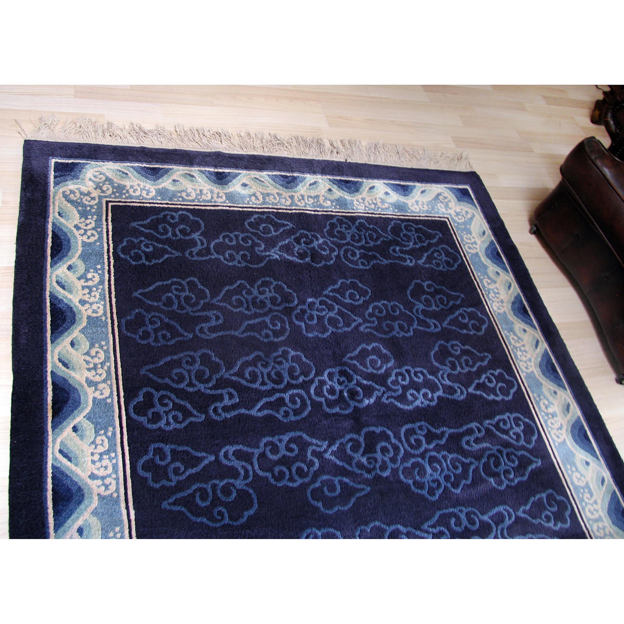 Hand-Woven Art Deco Blue Silk Rug with Asian Décor, Peking Blue For Sale