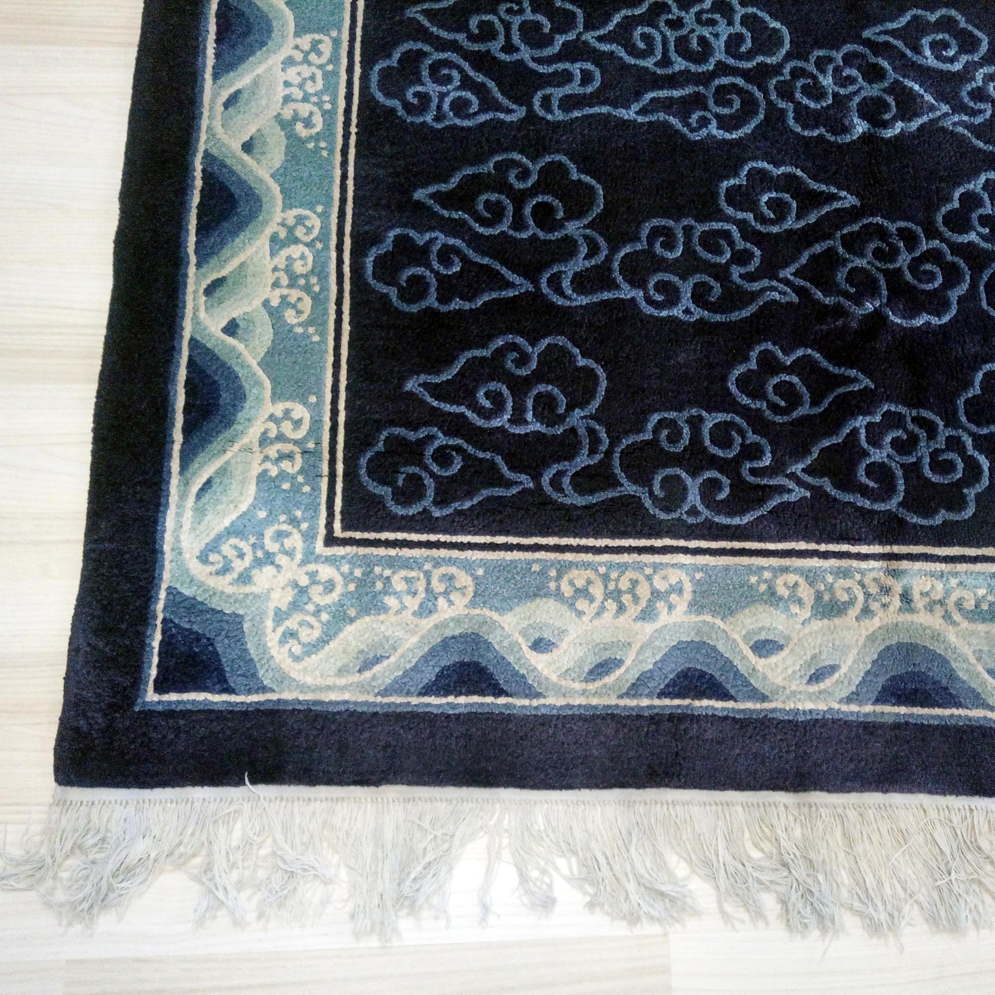 Art Deco Blue Silk Rug with Asian Décor, Peking Blue For Sale 1
