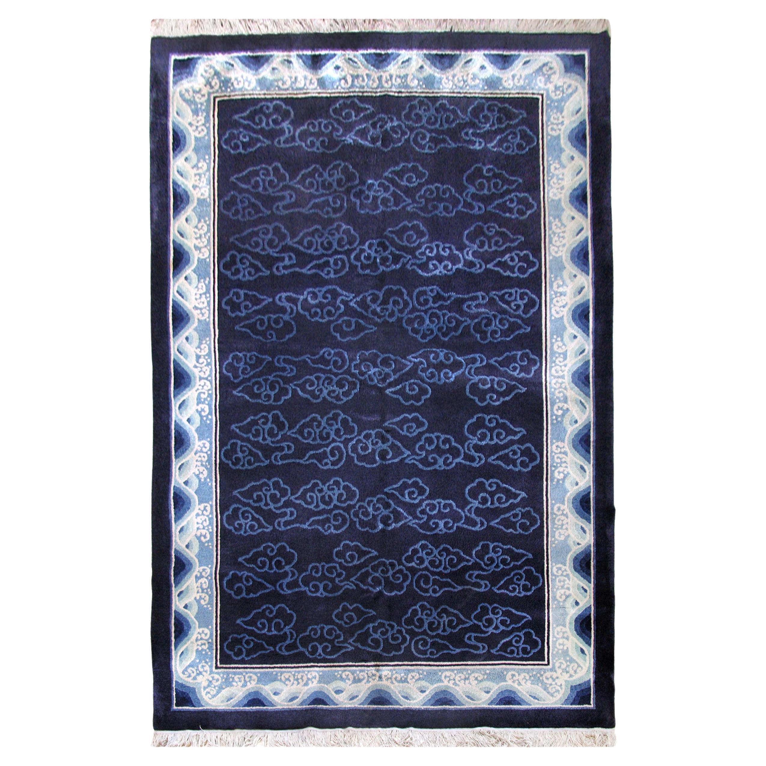 Art Deco Blue Silk Rug with Asian Décor, Peking Blue For Sale