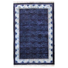 Vintage Art Deco Blue Silk Rug with Asian Décor, Peking Blue