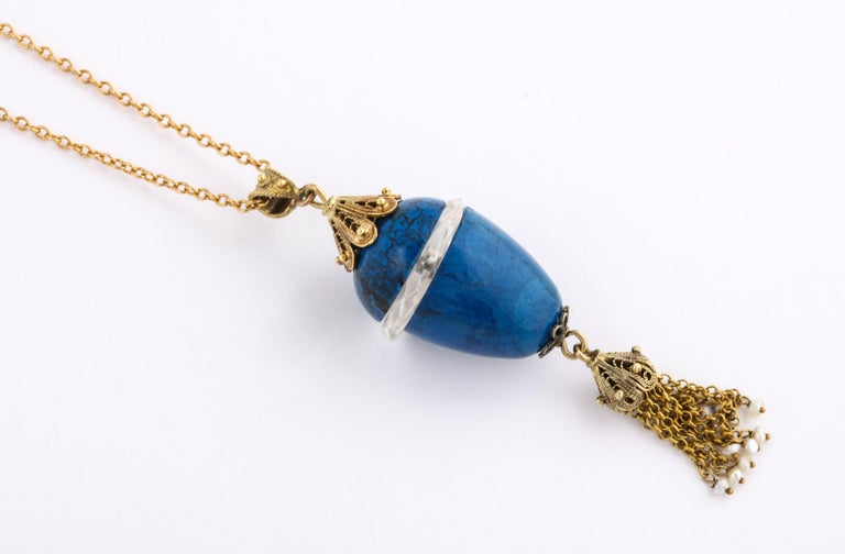 Oval Cut Edwardian Blue Sodalite and Crystal Egg Necklace For Sale