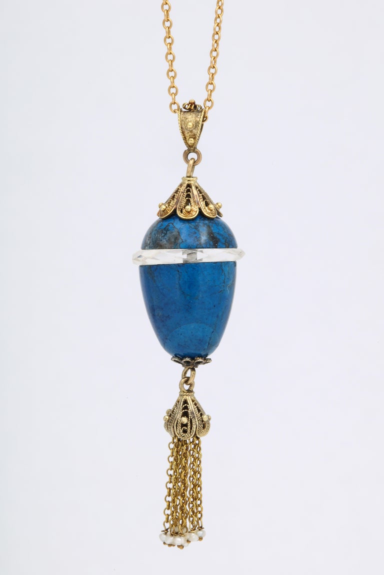 Edwardian Blue Sodalite and Crystal Egg Necklace In Excellent Condition For Sale In Stamford, CT