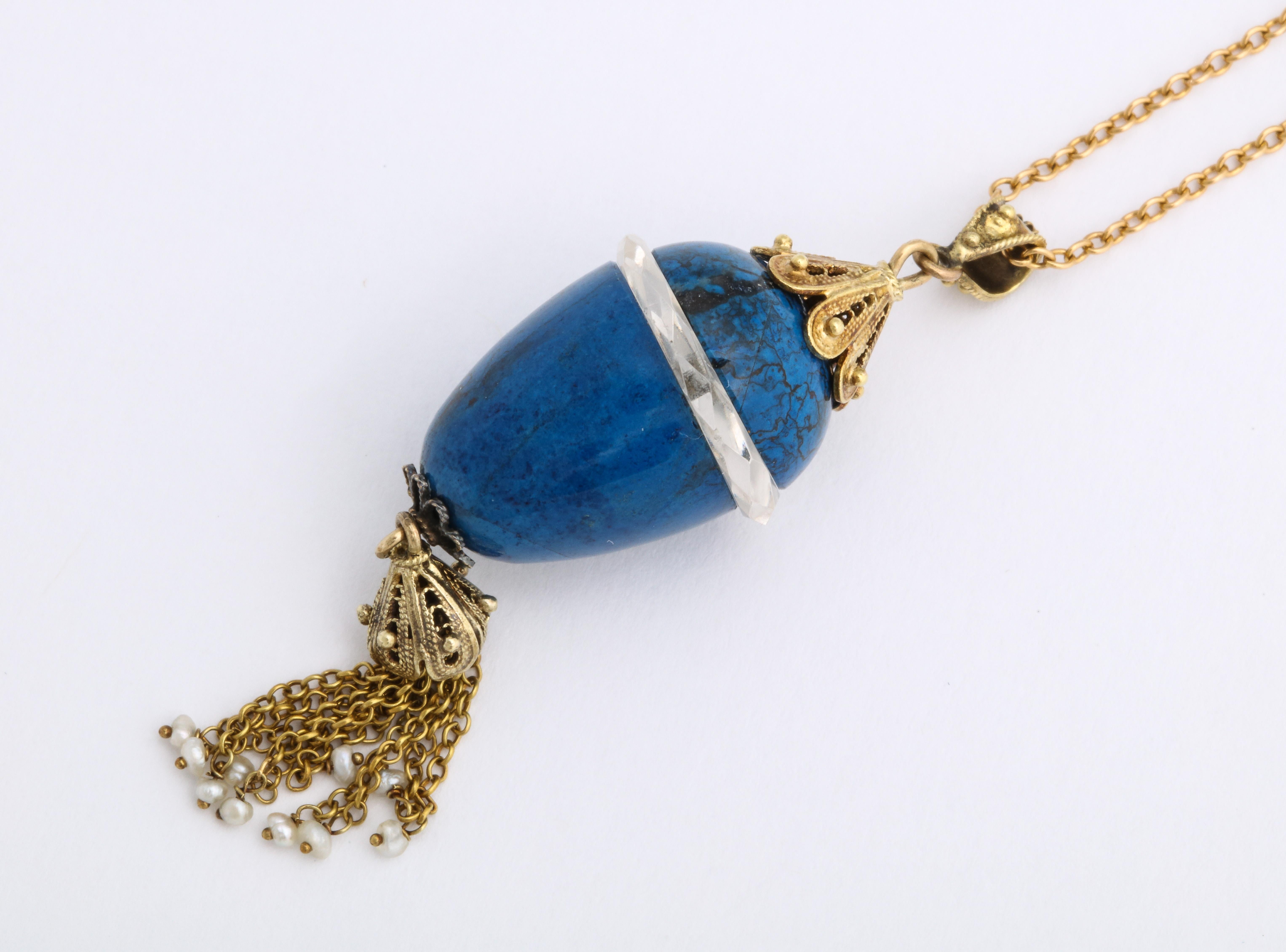 Oval Cut Edwardian Blue Sodalite and Crystal Egg Necklace For Sale