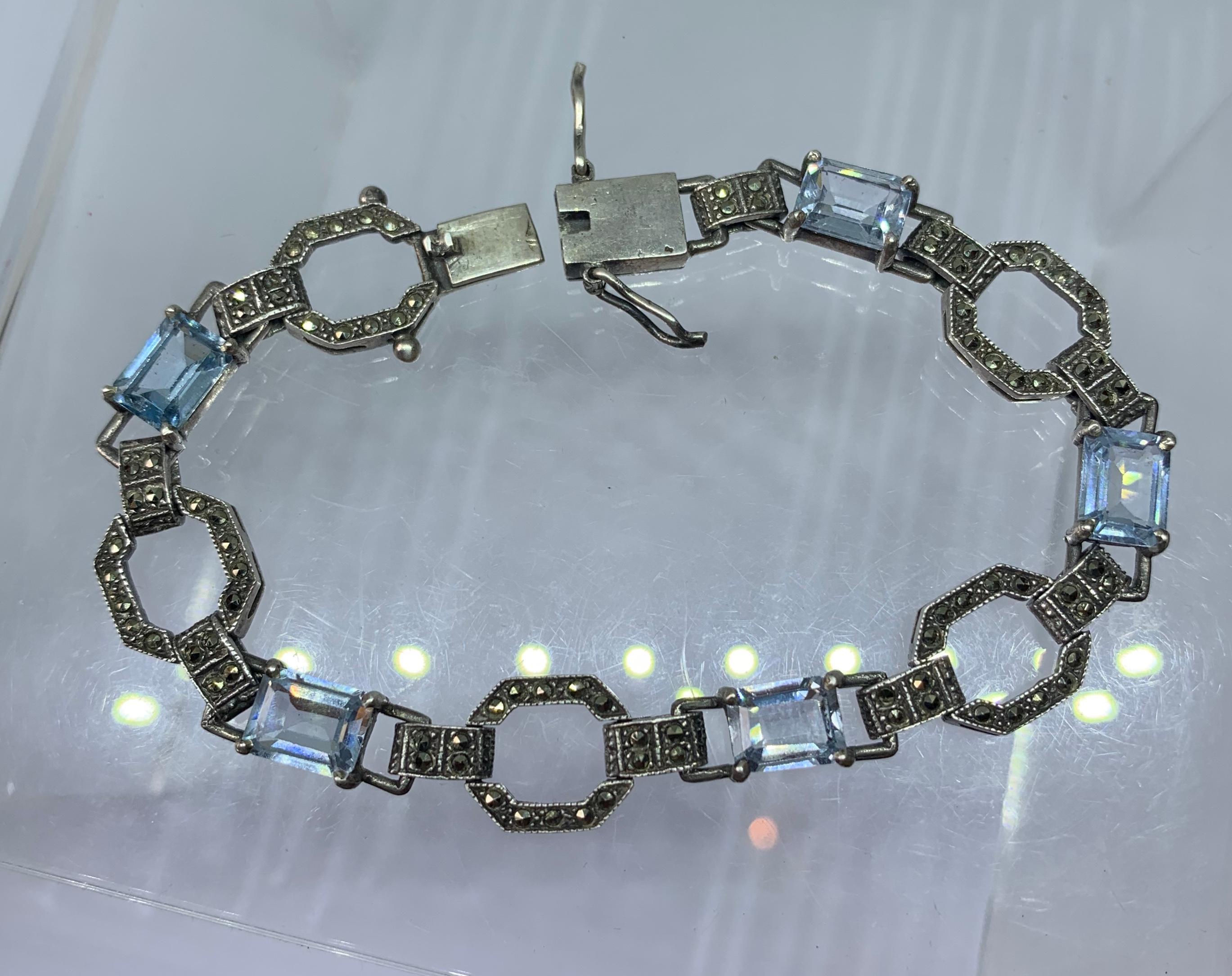 Emerald Cut Art Deco Blue Spinel Marcasite Bracelet Sterling Silver Rare Antique Circa 1920 For Sale