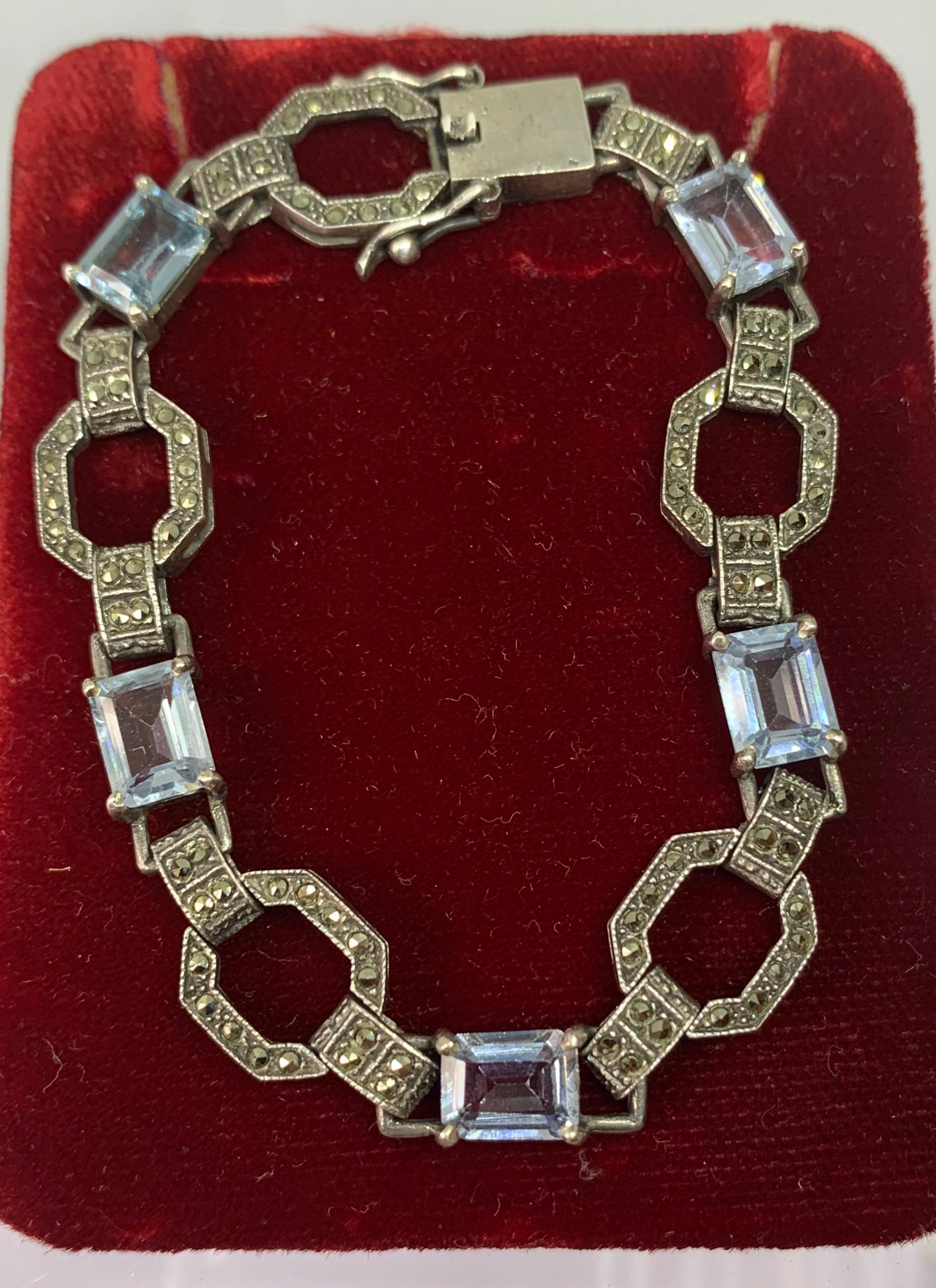 Art Deco Blue Spinel Marcasite Bracelet Sterling Silver Rare Antique Circa 1920 In Excellent Condition For Sale In New York, NY