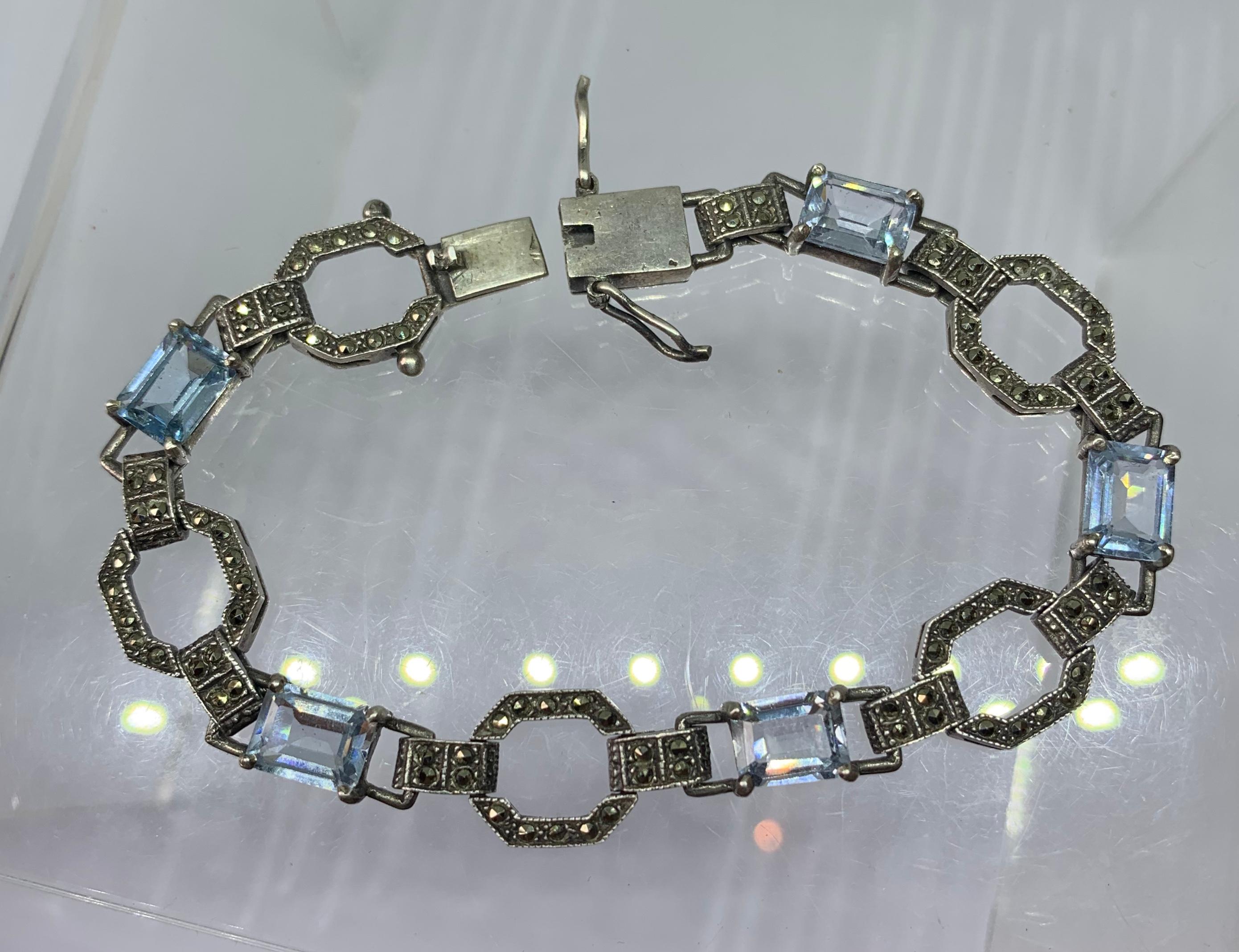 Women's Art Deco Blue Spinel Marcasite Bracelet Sterling Silver Rare Antique Circa 1920 For Sale