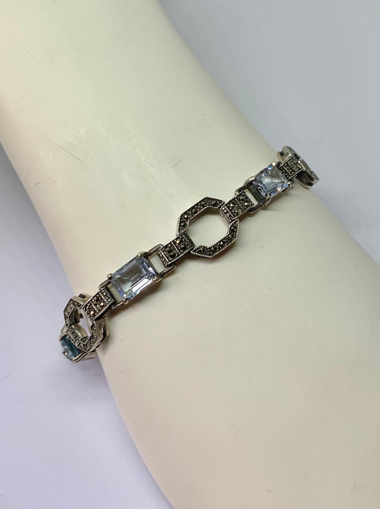 Art Deco Blue Spinel Marcasite Bracelet Sterling Silver Rare Antique Circa 1920 For Sale 1