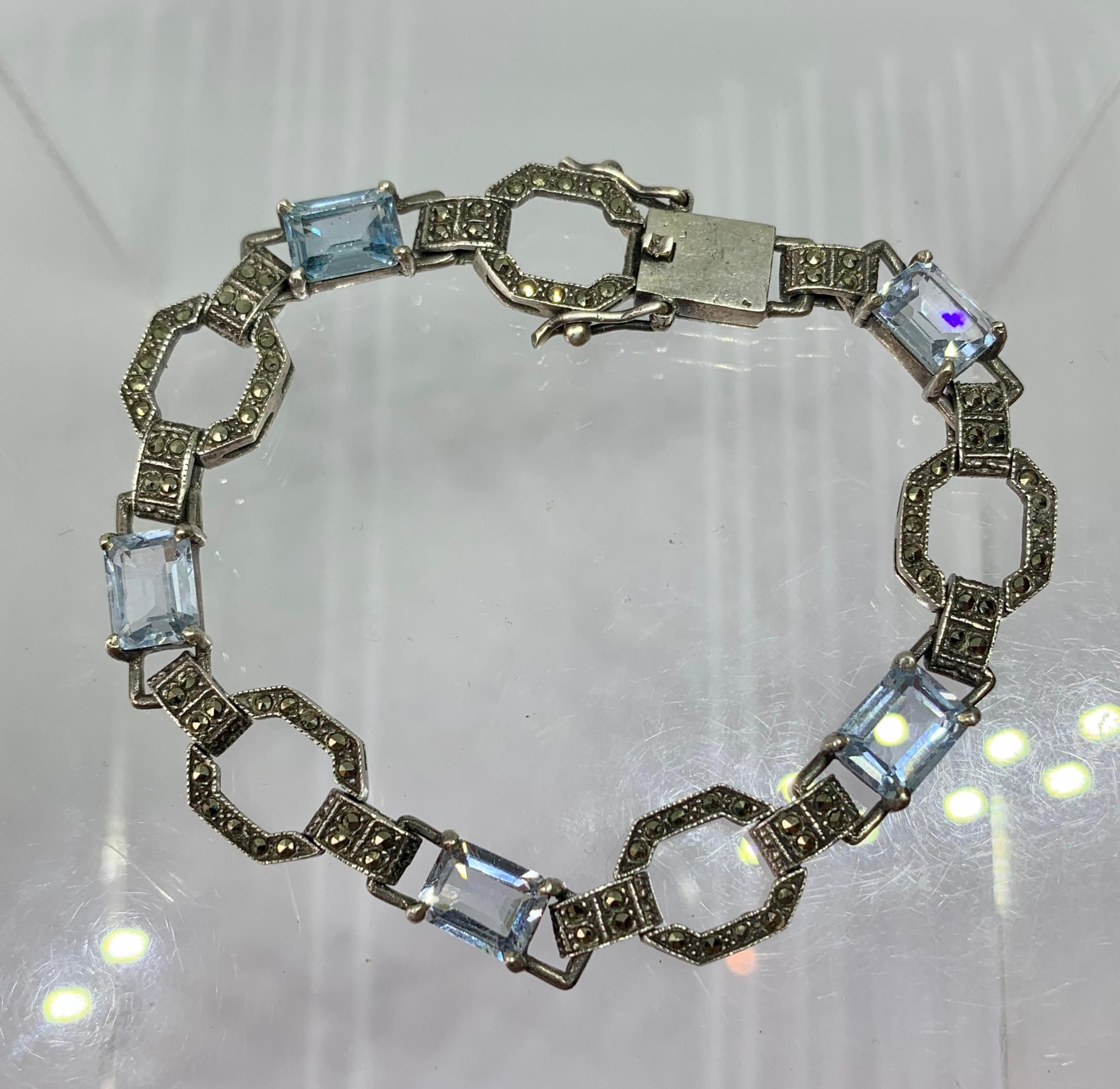 Art Deco Blue Spinel Marcasite Bracelet Sterling Silver Rare Antique Circa 1920 For Sale 2