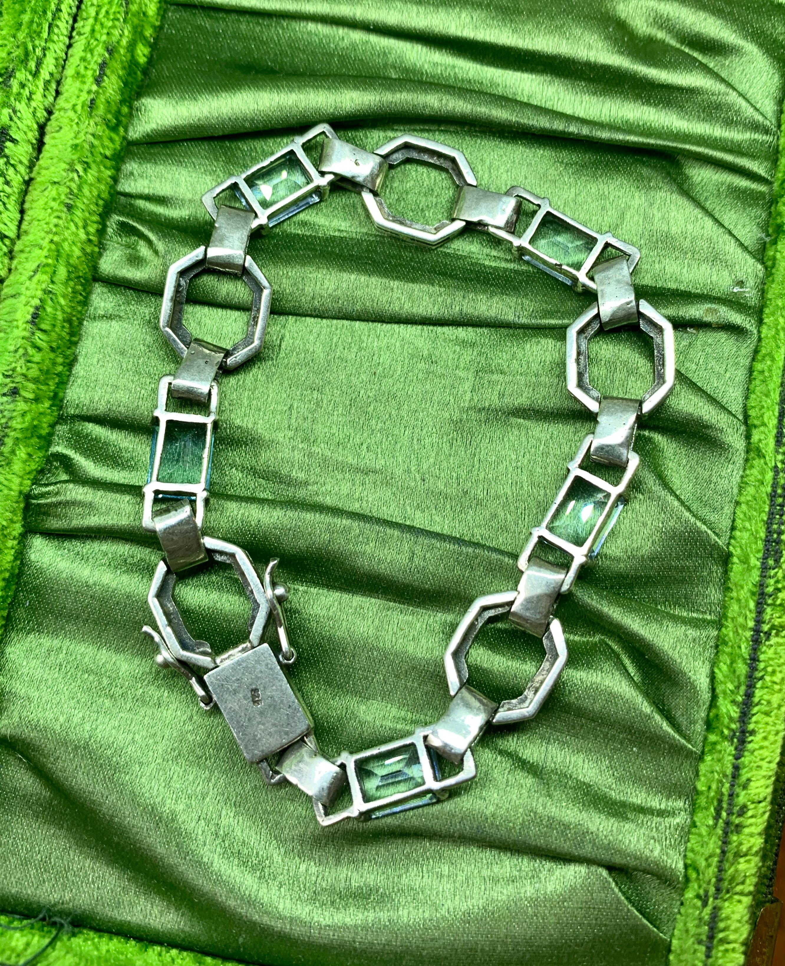 Art Deco Blue Spinel Marcasite Bracelet Sterling Silver Rare Antique Circa 1920 For Sale 4