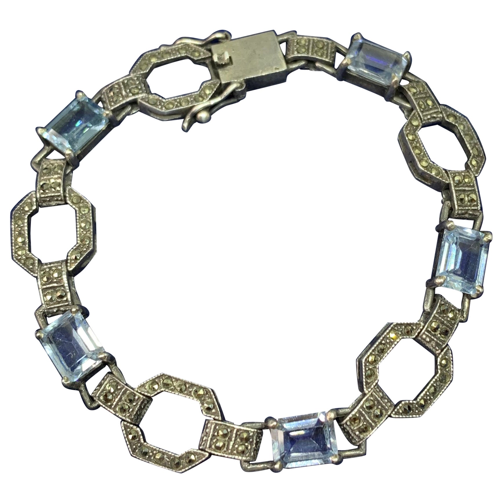 Art Deco Blaues Spinell Marcasite-Armband aus Sterlingsilber Seltenes antikes um 1920 im Angebot