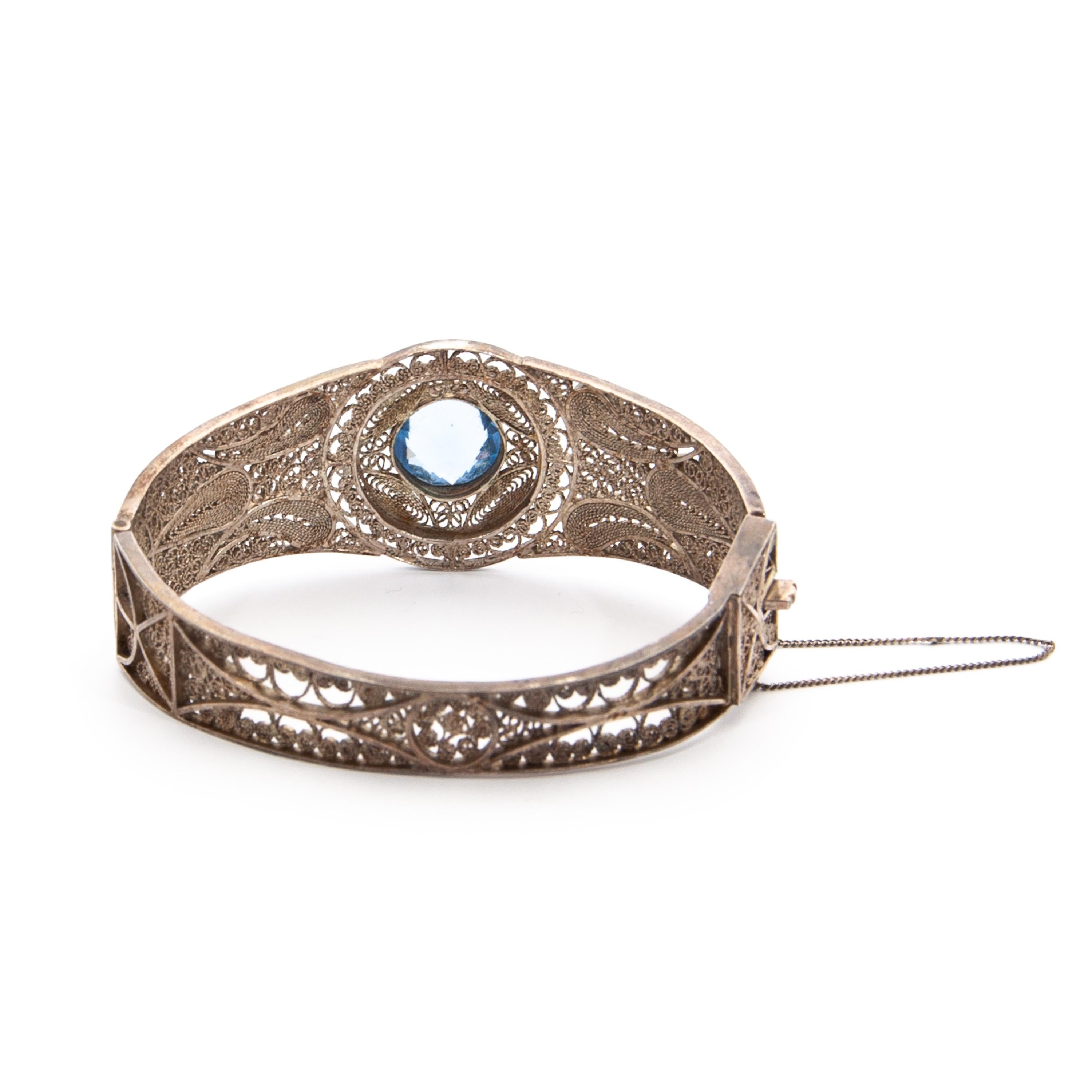 Round Cut Art Nouveau Style Silver Blue Stone Filigree Hinged Bracelet For Sale