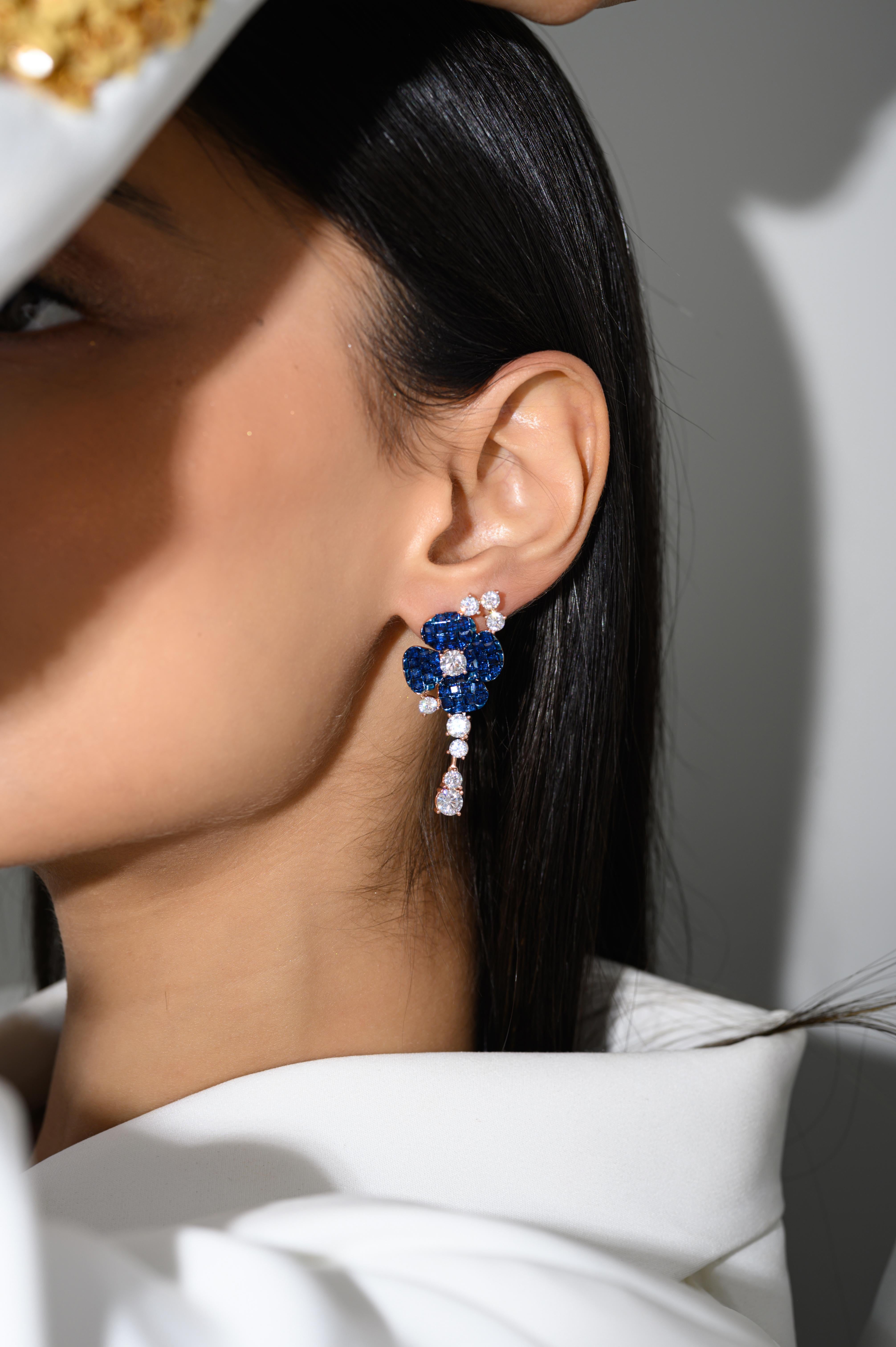 Round Cut Art Deco Blue Stone Flower Drop Earrings in Sterling Silver Gift for Her