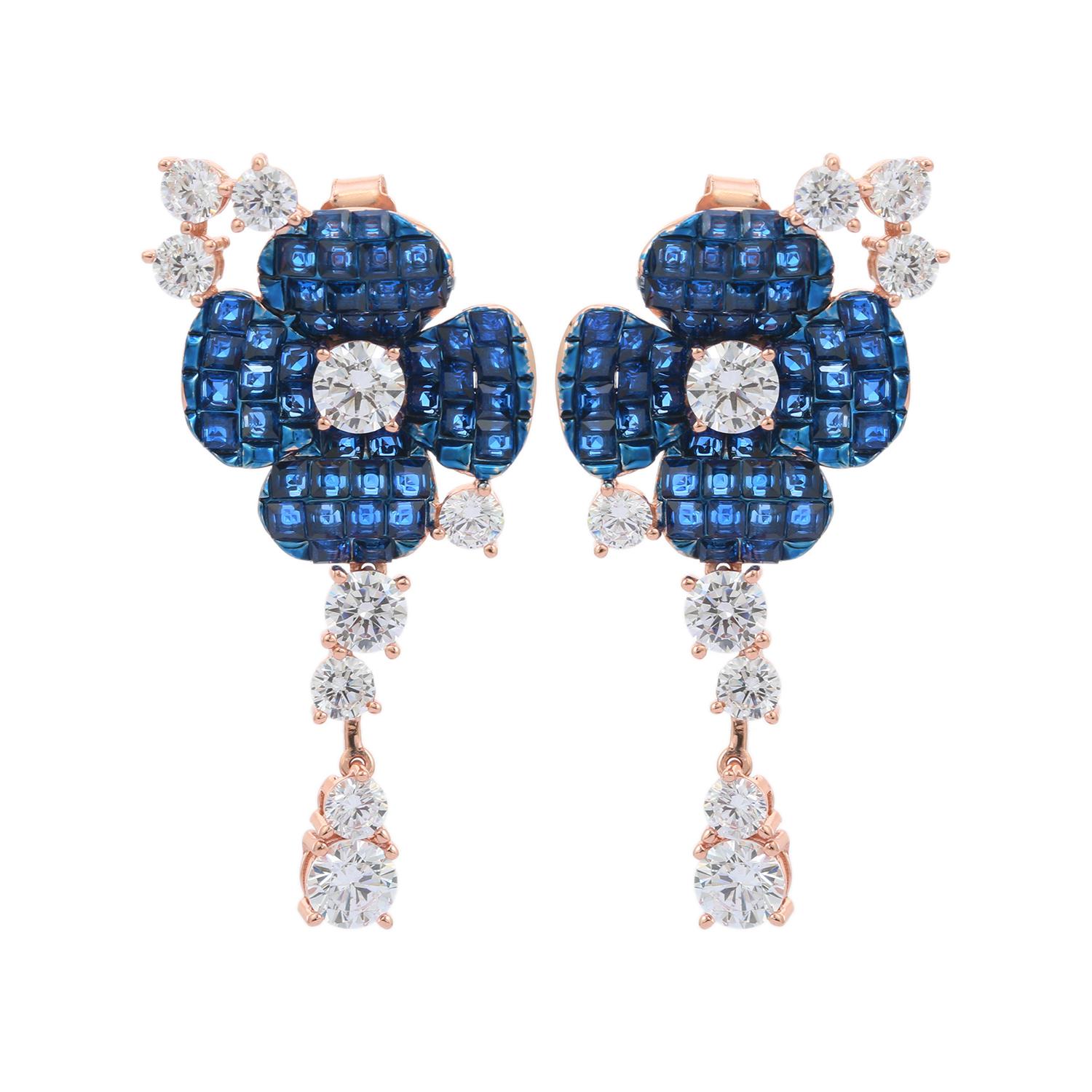 Art Deco Blue Stone Flower Drop Earrings in Sterling Silver Gift for Her 2