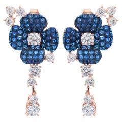Art Deco Blue Stone Flower Drop Earrings in Sterling Silver Gift for Her