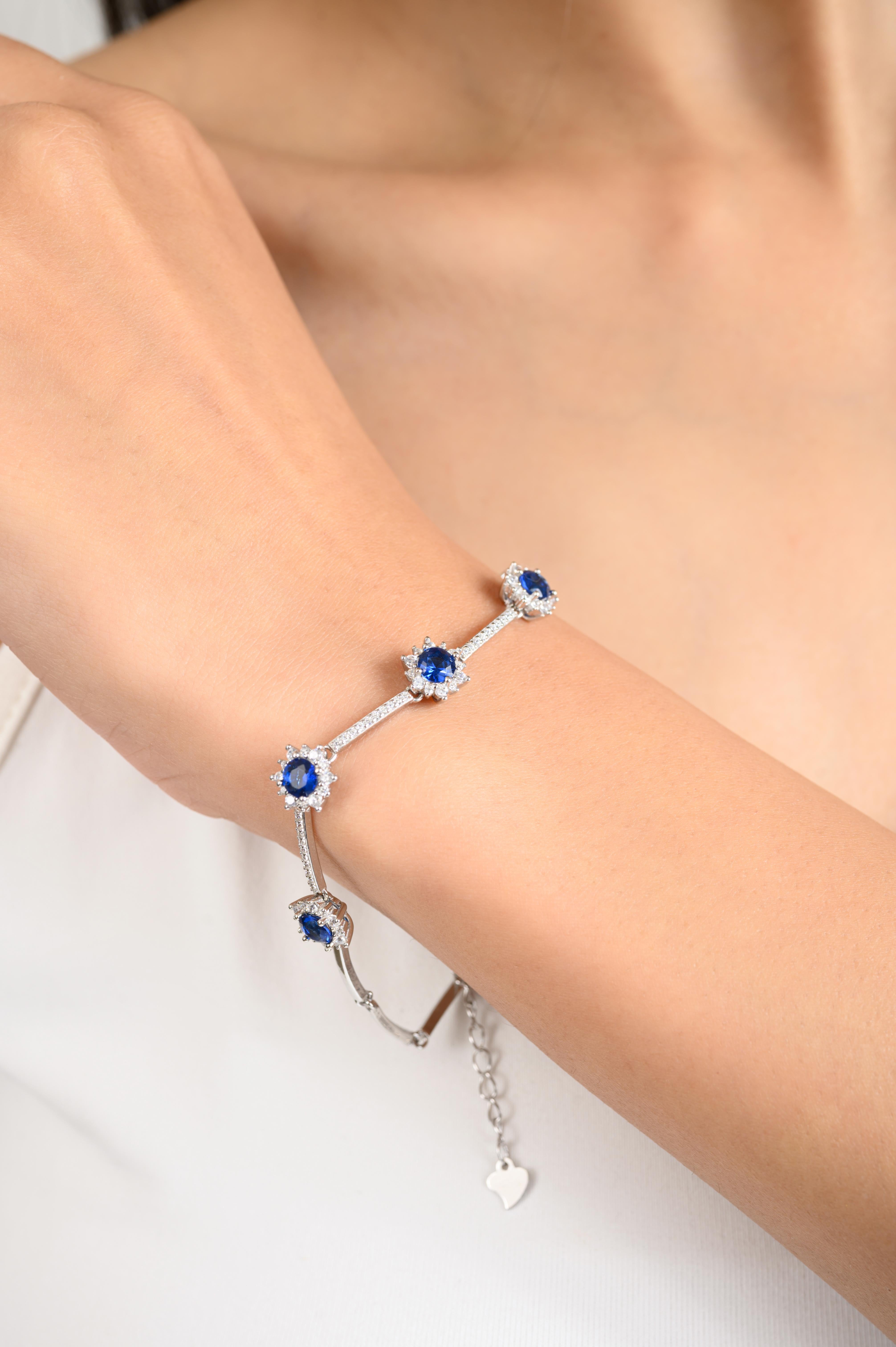 Mixed Cut Contemporary Elegance Vivid Blue Zircon Bracelet for Her in 925 Sterling Silver For Sale