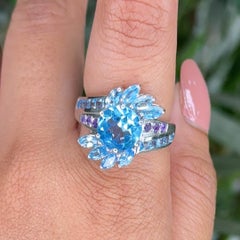Floral Halo Blue Topaz and Amethyst Statement Ring for Women in 925 Silver