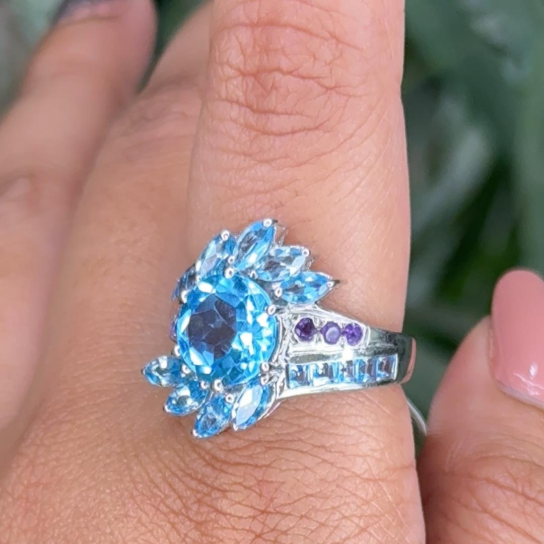 For Sale:  Bold Blue Topaz & Amethyst Cocktail Unisex Ring for Him in 925 Solid Silver 4