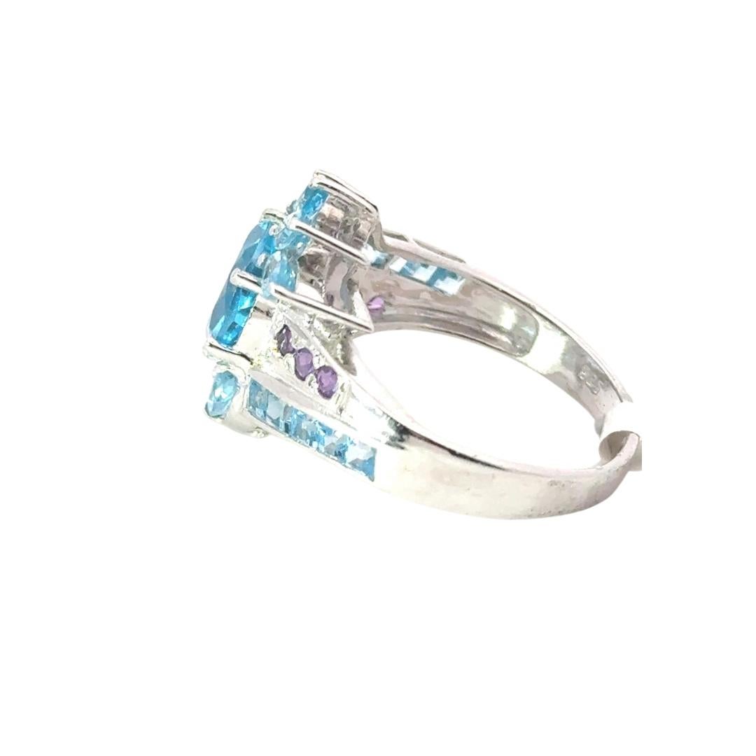For Sale:  Bold Blue Topaz & Amethyst Cocktail Unisex Ring for Him in 925 Solid Silver 5
