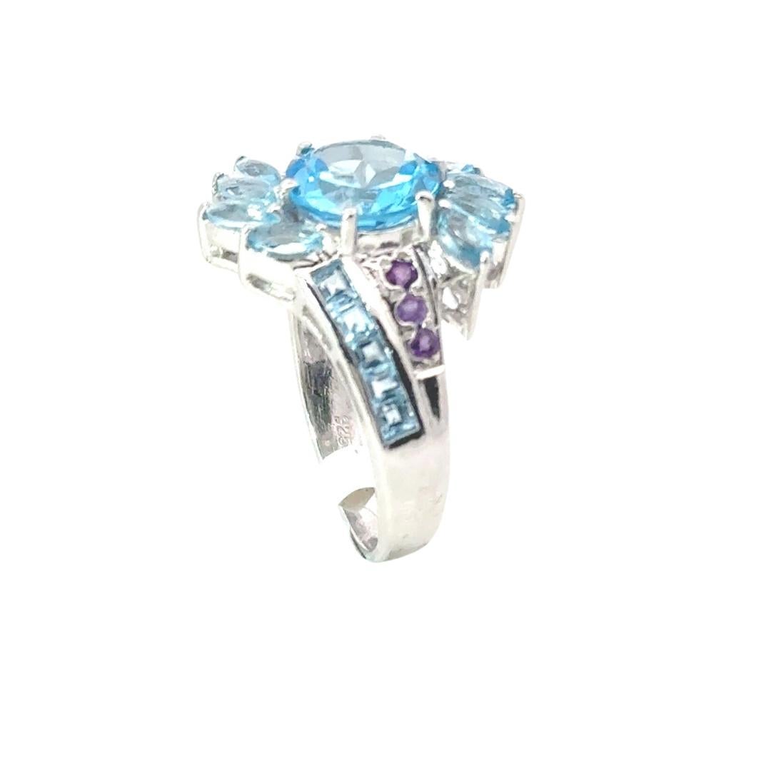 For Sale:  Bold Blue Topaz & Amethyst Cocktail Unisex Ring for Him in 925 Solid Silver 8