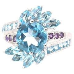 Art Deco Blauer Topas und Amethyst-Cluster-Hochzeitsring für Mutter aus Sterlingsilber in Sterlingsilber