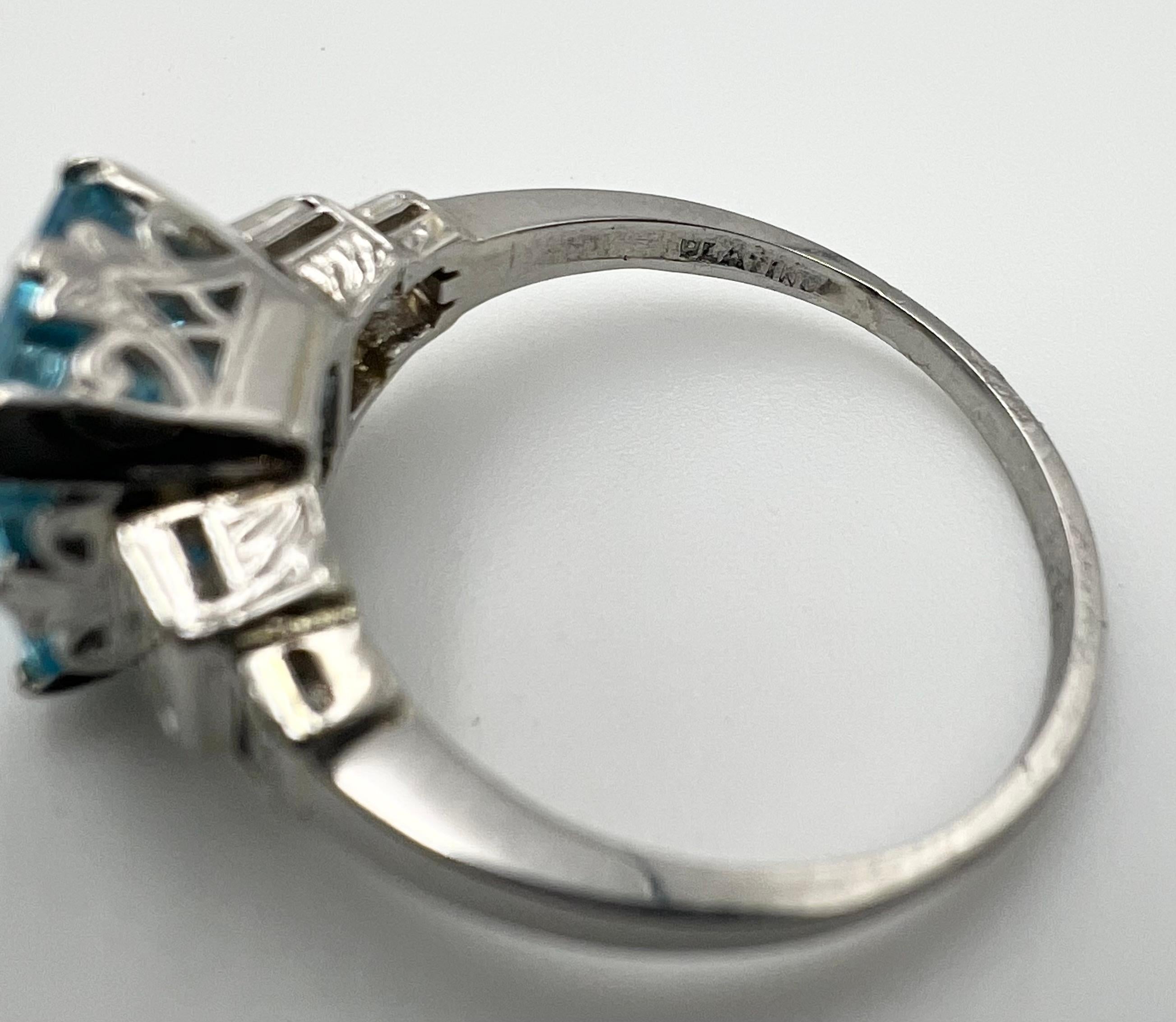 Square Cut Art Deco Blue Topaz and Diamond Platinum Ring