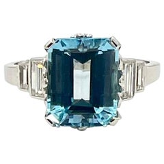 Art Deco Blue Topaz and Diamond Platinum Ring