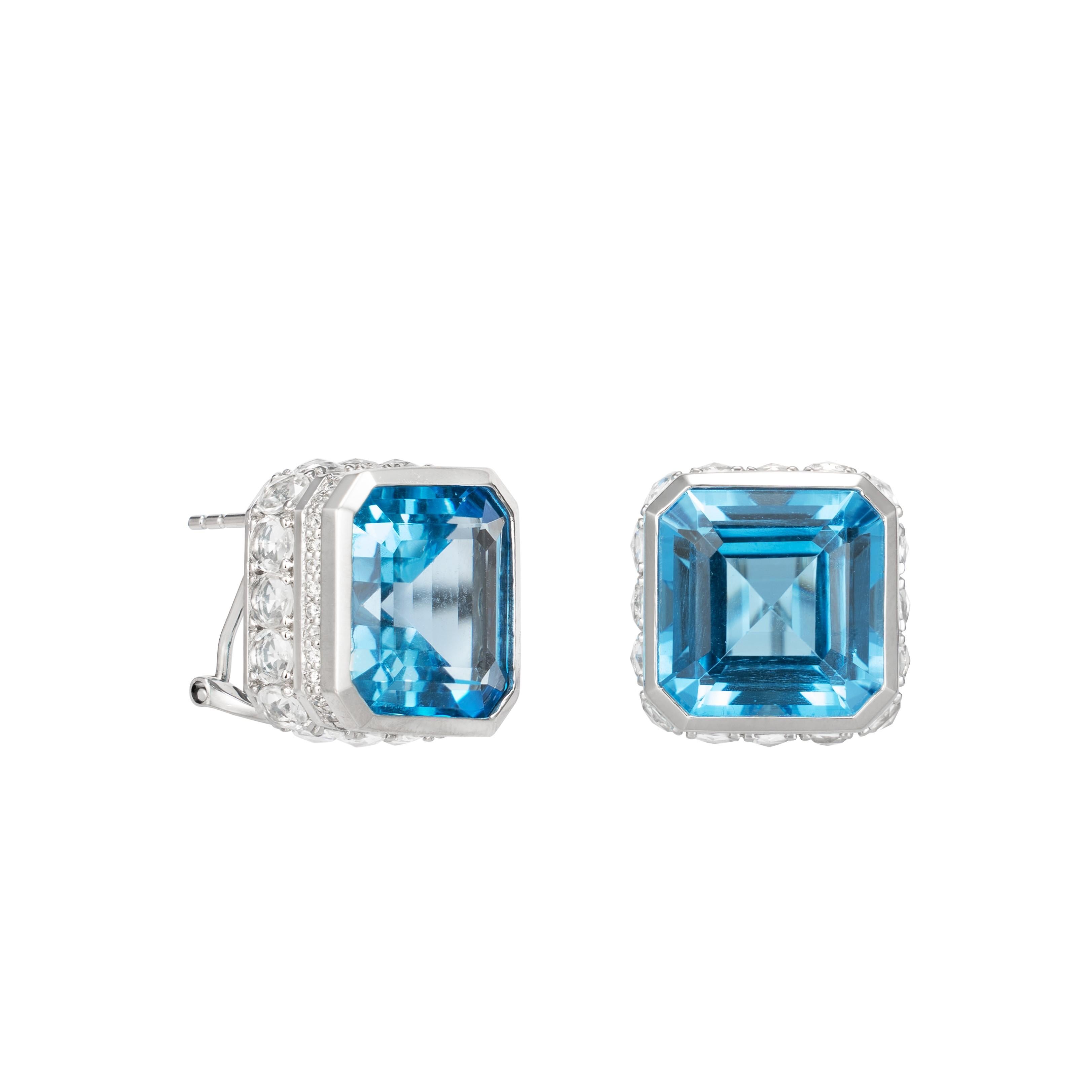 Octagon Cut Art Deco Blue Topaz Earring with White Topaz & Diamond in 18 Karat White Gold For Sale