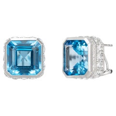 Art Deco Blue Topaz Earring with White Topaz & Diamond in 18 Karat White Gold