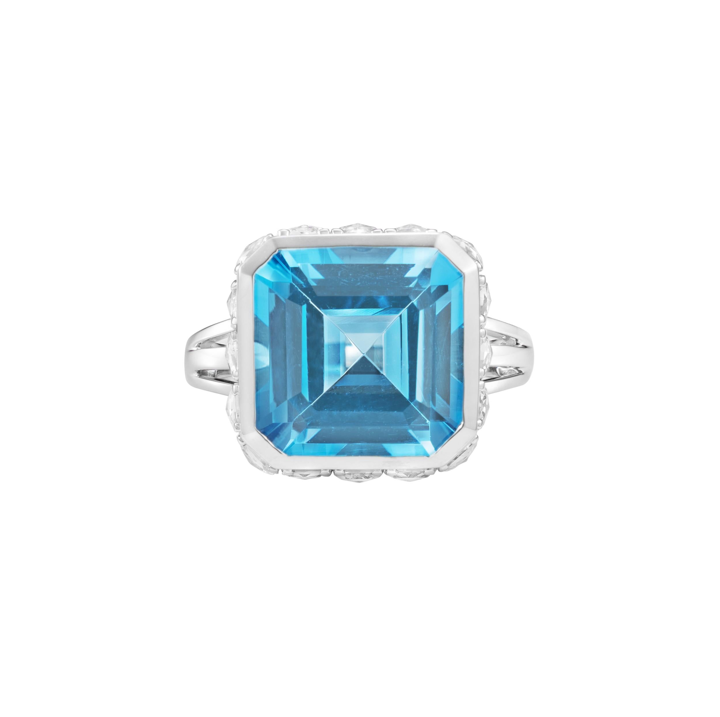 Art-Deco-Ring mit blauem Topas und weißem Topas und Diamant aus 18 Karat Weißgold (Achteckschliff) im Angebot