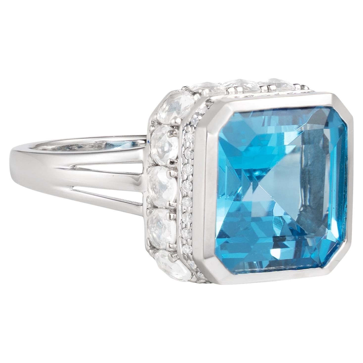 Art Deco Blue Topaz Ring with White Topaz & Diamond in 18 Karat White Gold For Sale