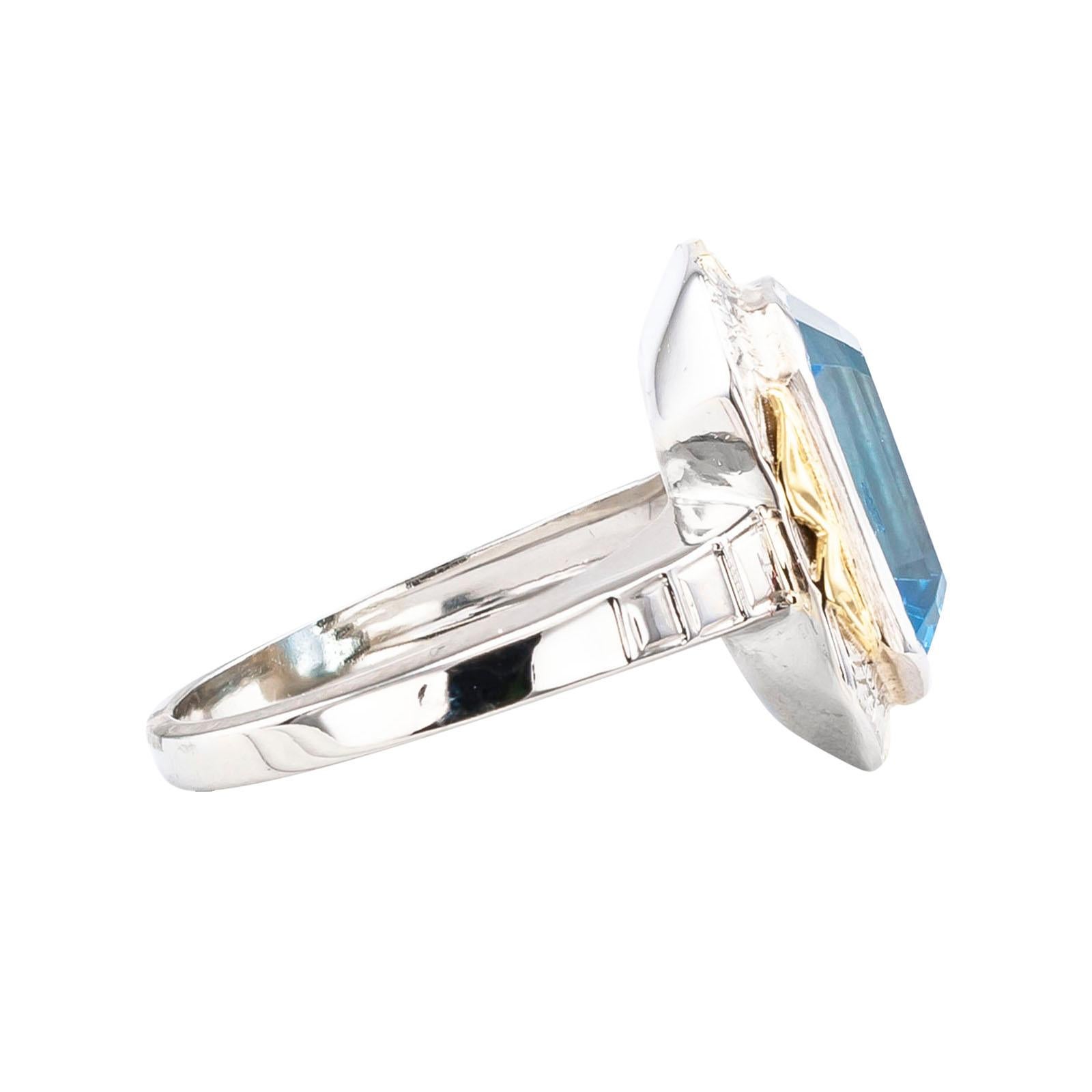 Emerald Cut Art Deco Blue Topaz Two-Tone Gold Ring