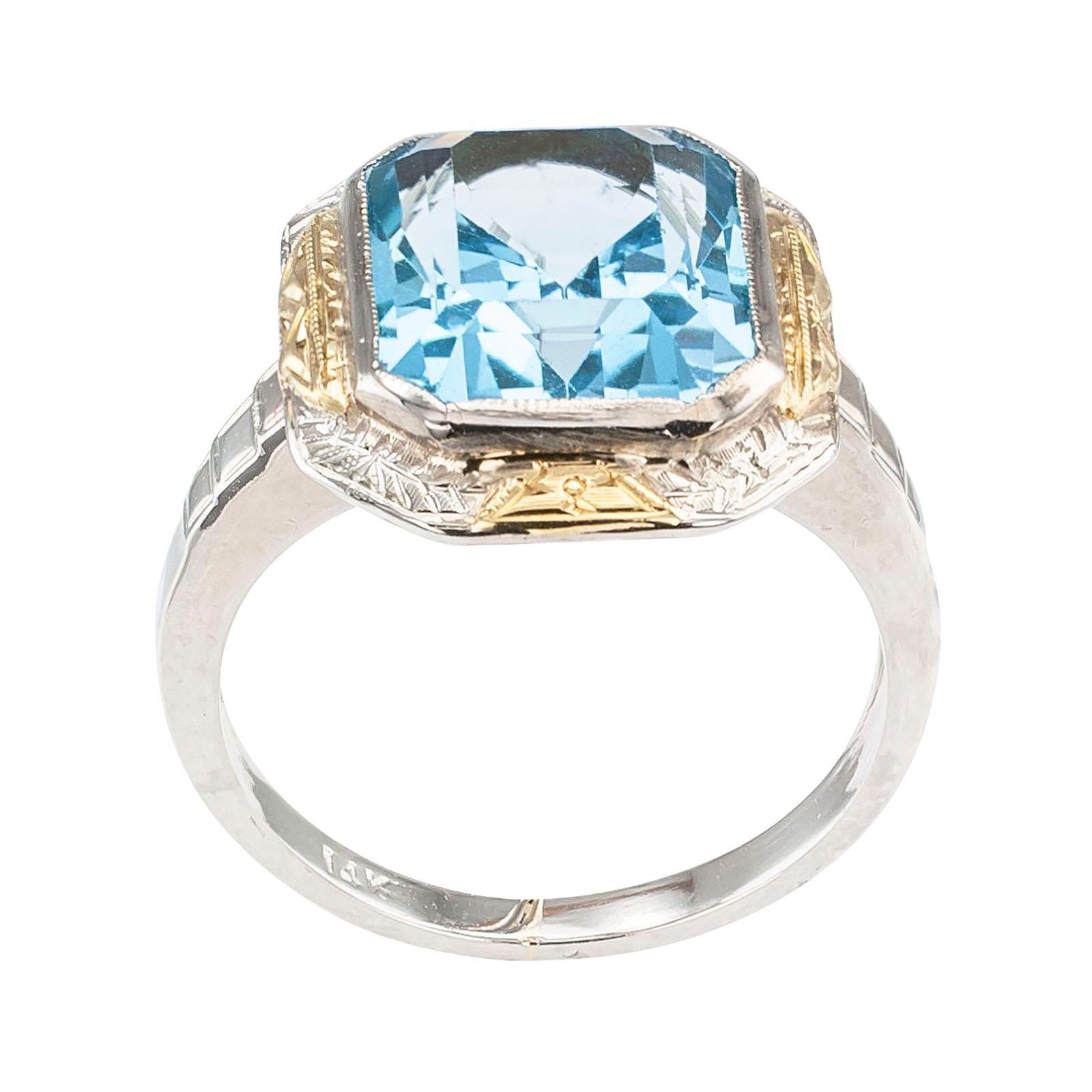 Women's Art Deco Blue Topaz Two-Tone Gold Ring